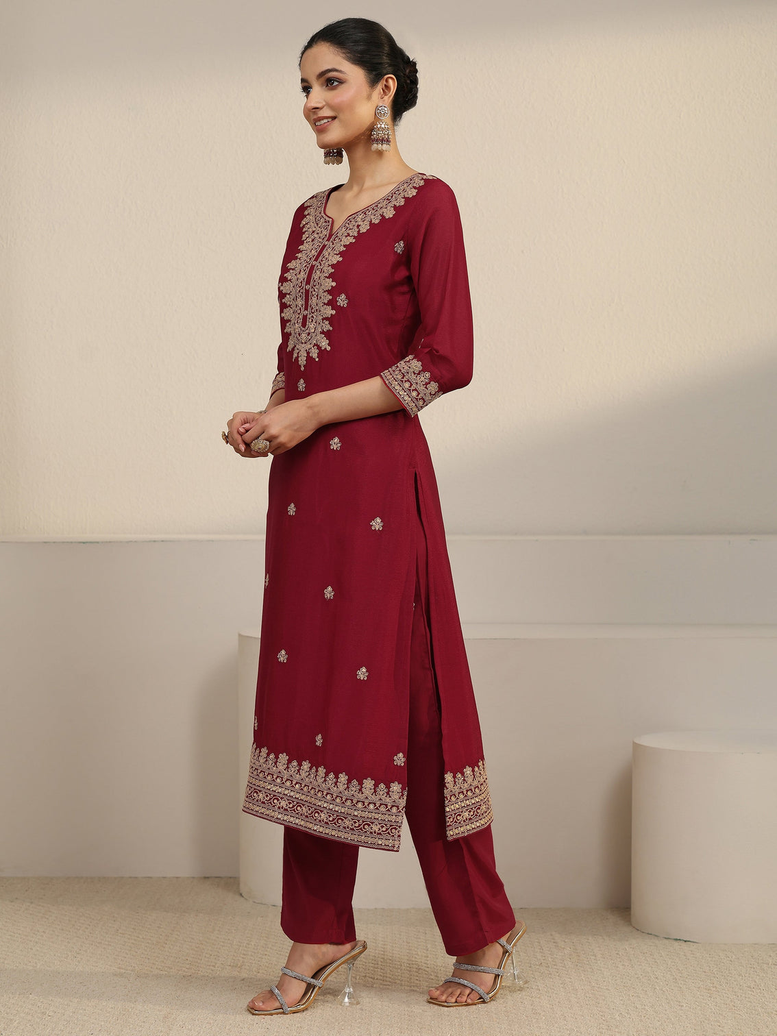 Mameraa Maroon Yoke Embroidered Chinon Straight Suit Set