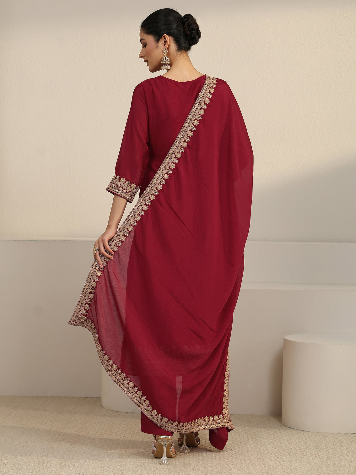 Mameraa Maroon Yoke Embroidered Chinon Straight Suit Set