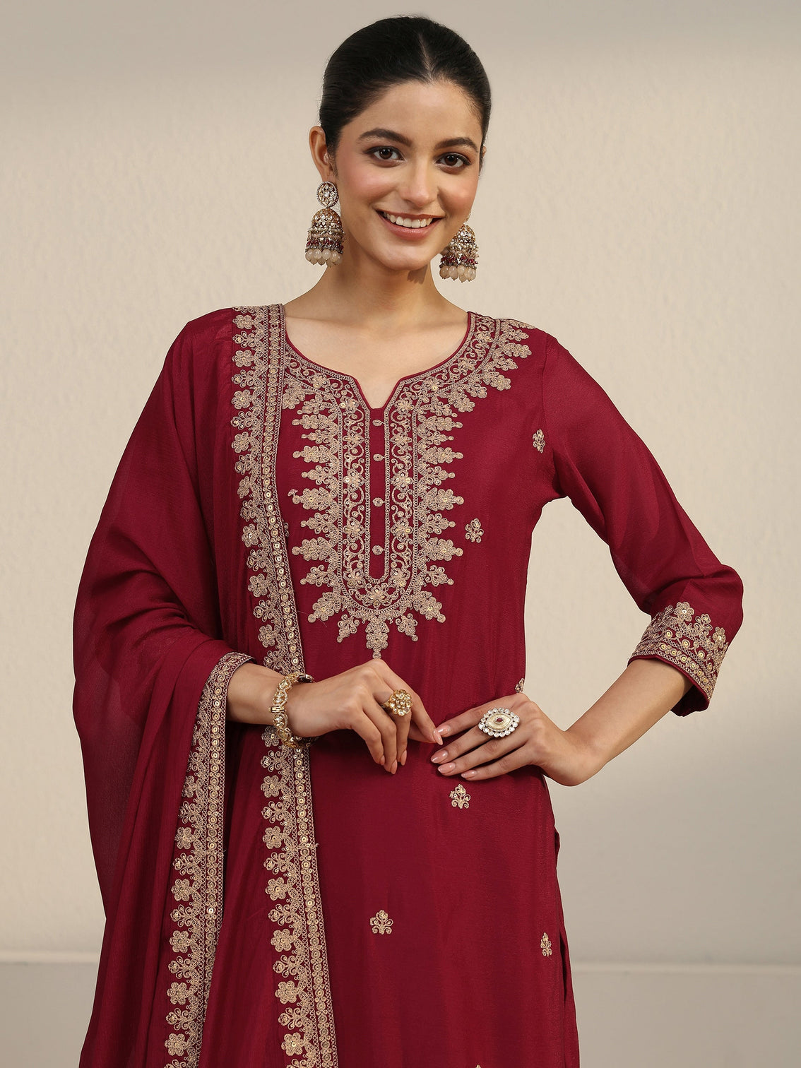 Mameraa Maroon Yoke Embroidered Chinon Straight Suit Set