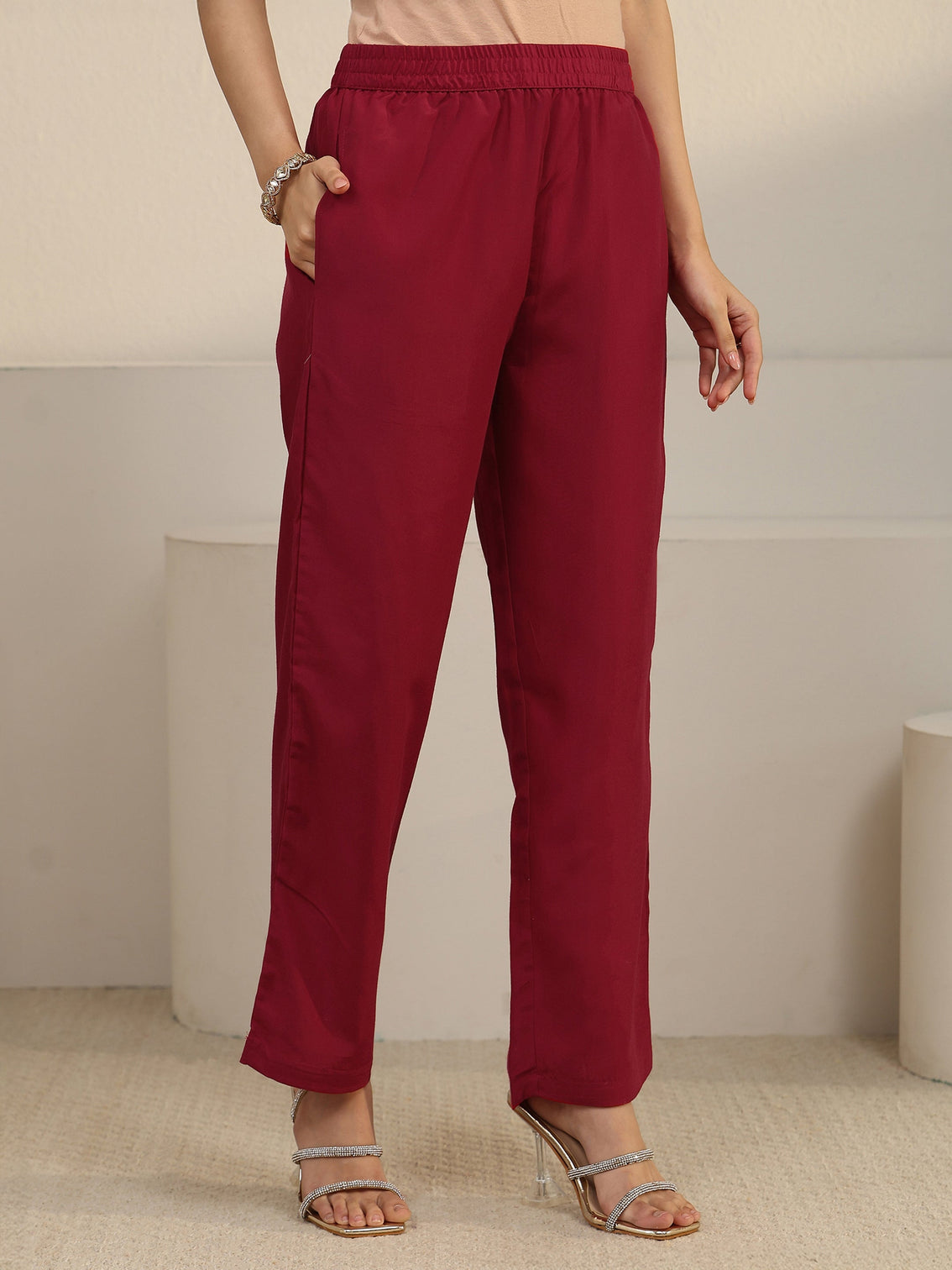 Mameraa Maroon Yoke Embroidered Chinon Straight Suit Set