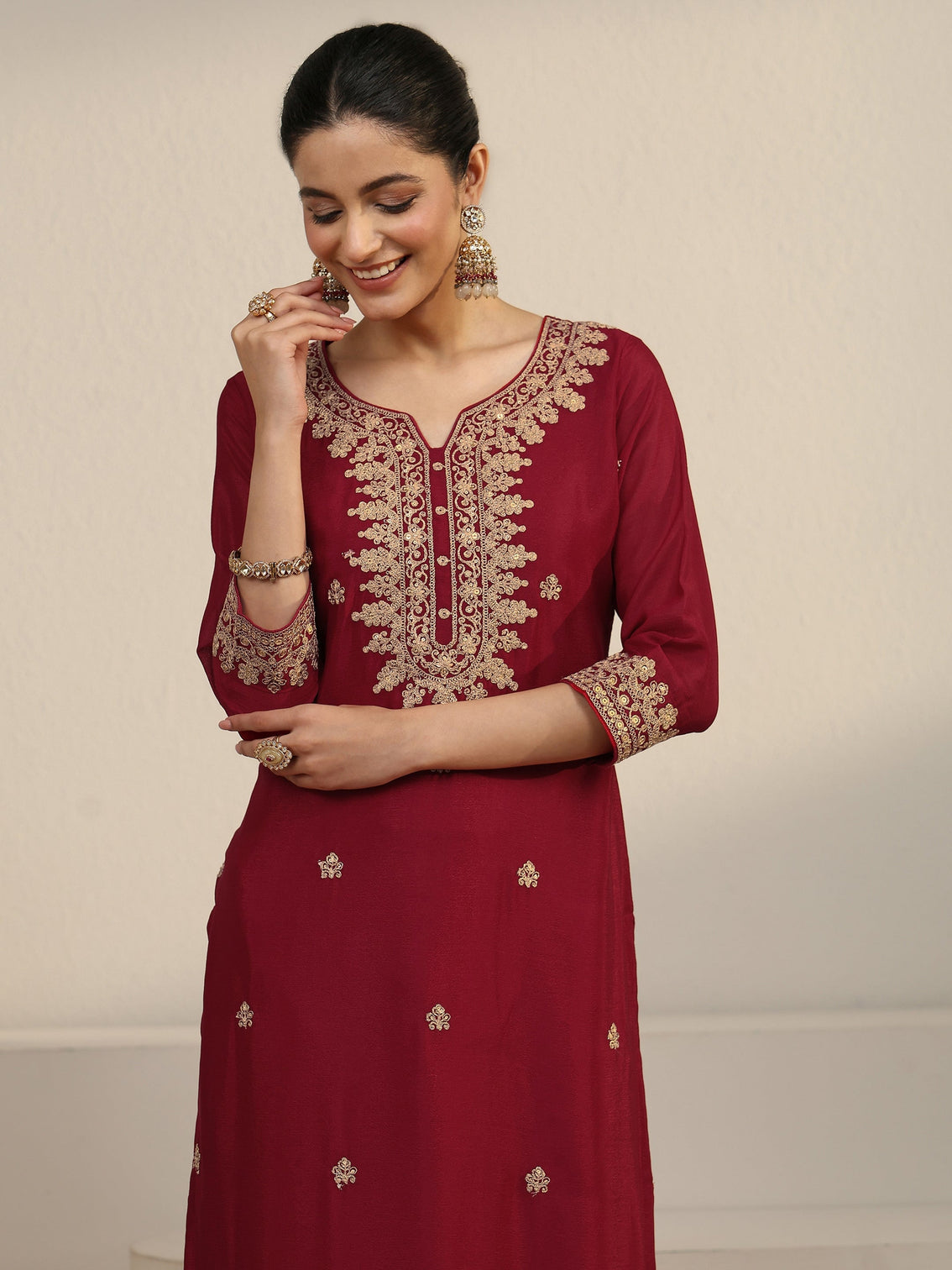 Mameraa Maroon Yoke Embroidered Chinon Straight Suit Set