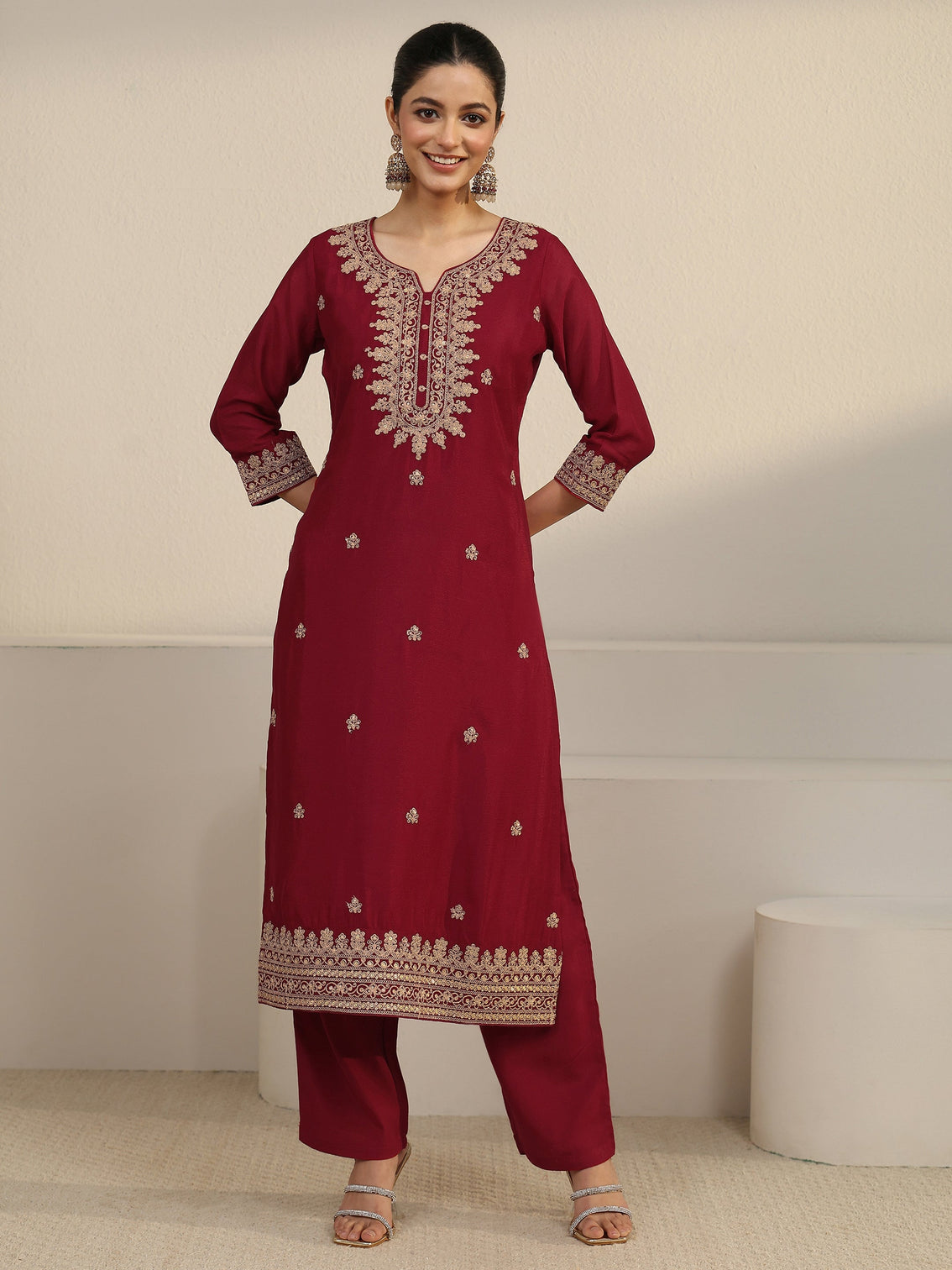 Mameraa Maroon Yoke Embroidered Chinon Straight Suit Set