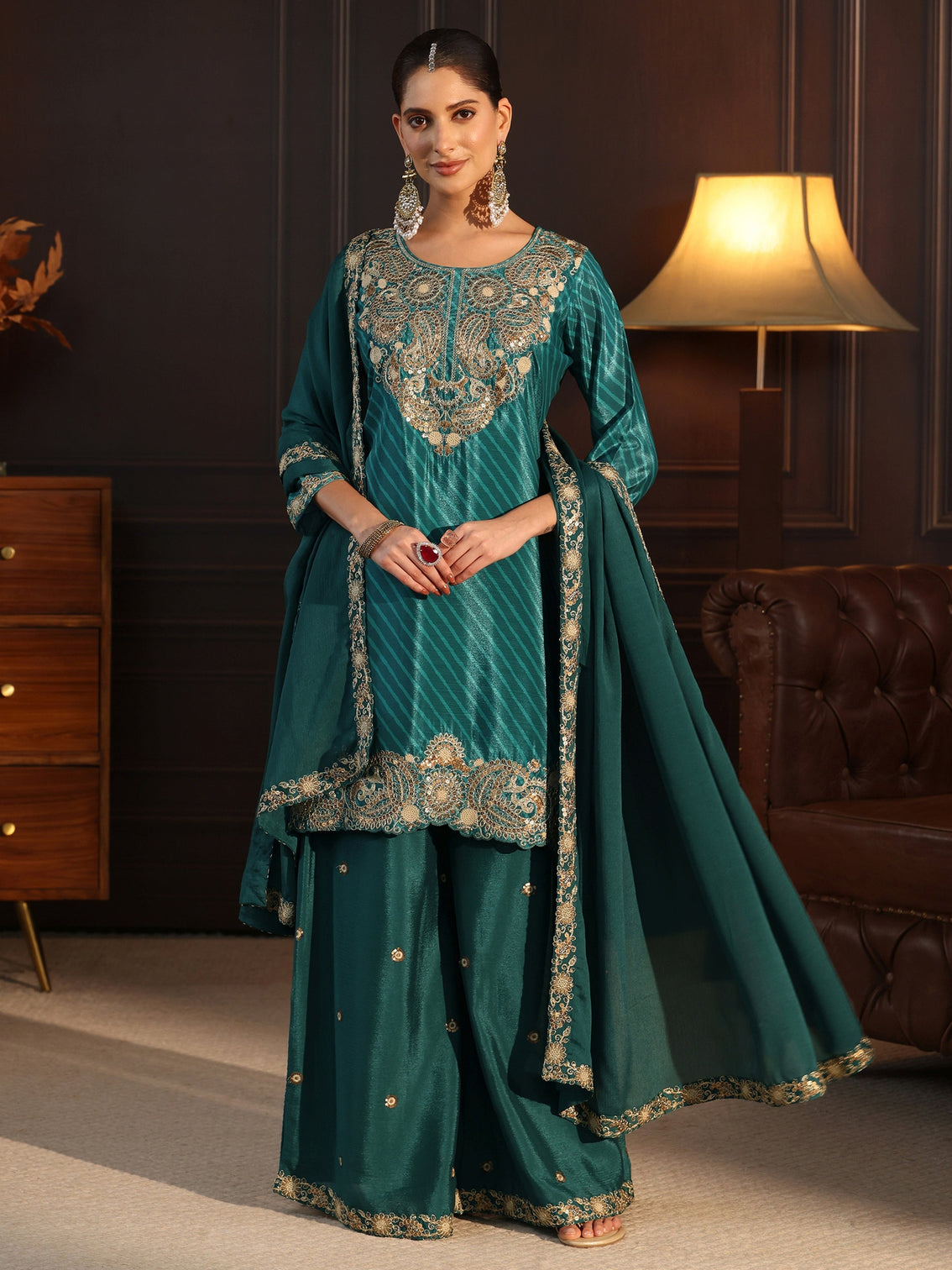 Mameraa Sacramento Green Paisley Embellished Chinon Palazzo Suit Set