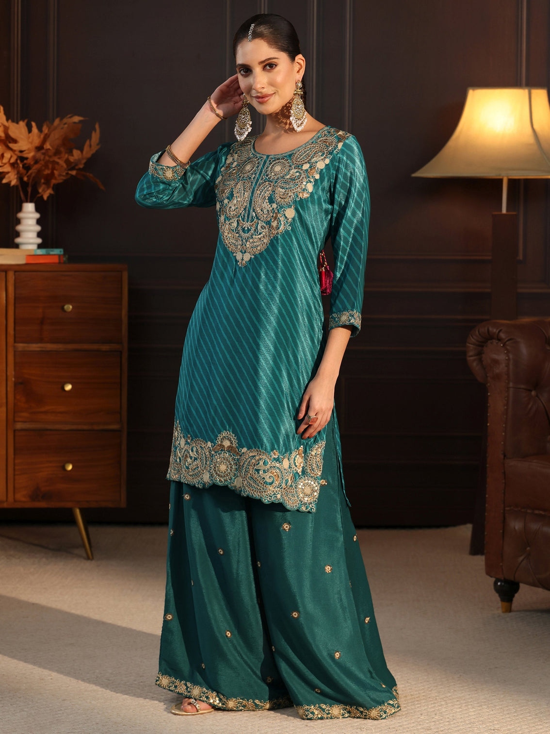 Mameraa Sacramento Green Paisley Embellished Chinon Palazzo Suit Set