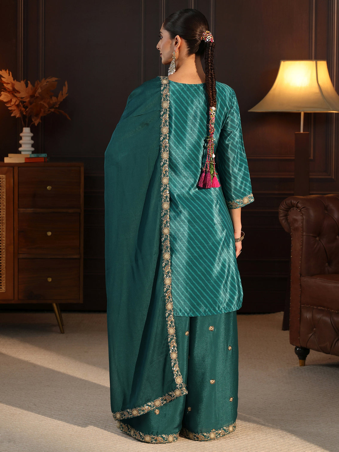 Mameraa Sacramento Green Paisley Embellished Chinon Palazzo Suit Set