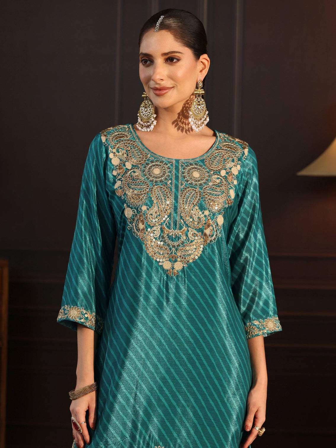 Mameraa Sacramento Green Paisley Embellished Chinon Palazzo Suit Set