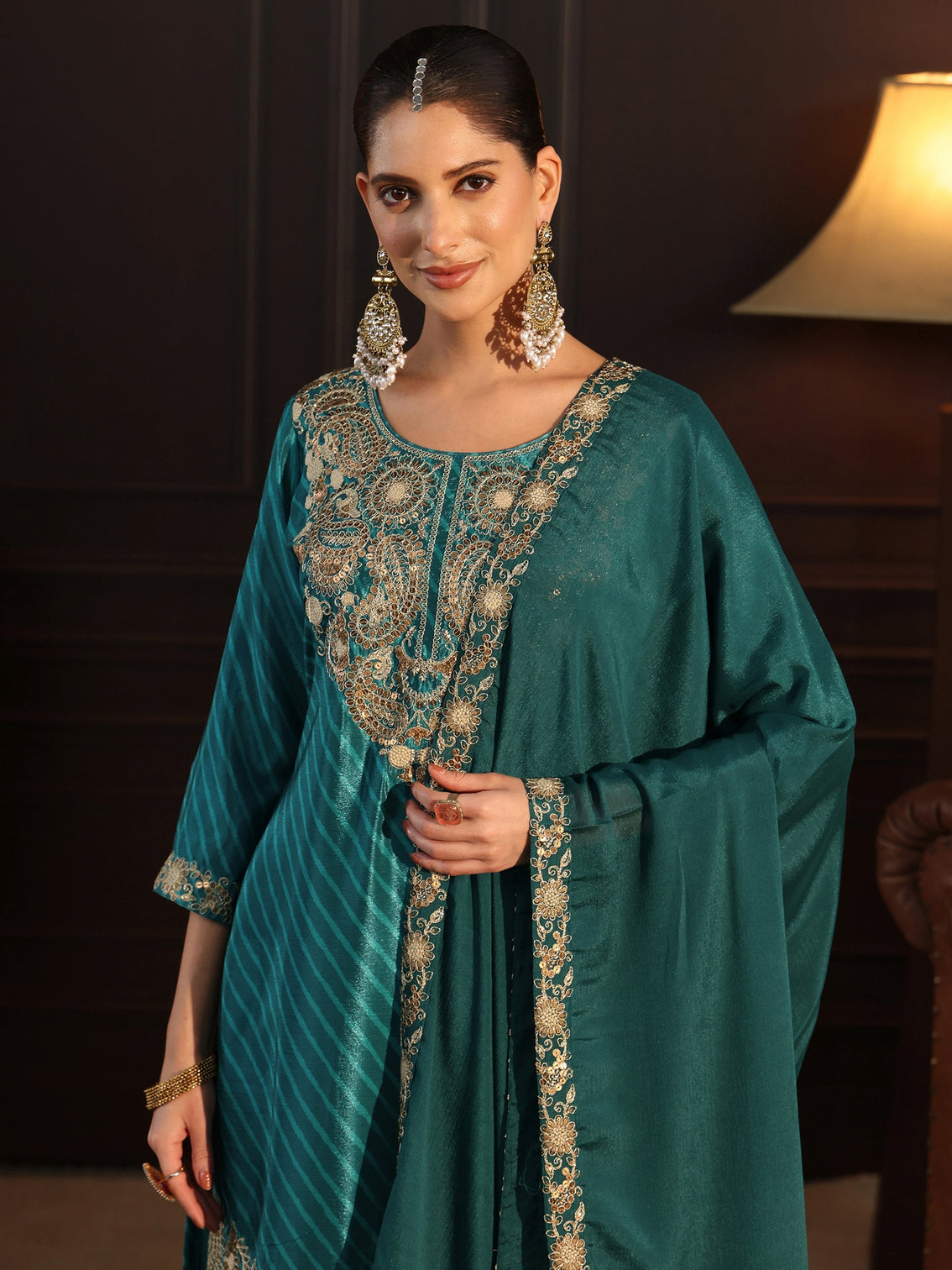 Mameraa Sacramento Green Paisley Embellished Chinon Palazzo Suit Set