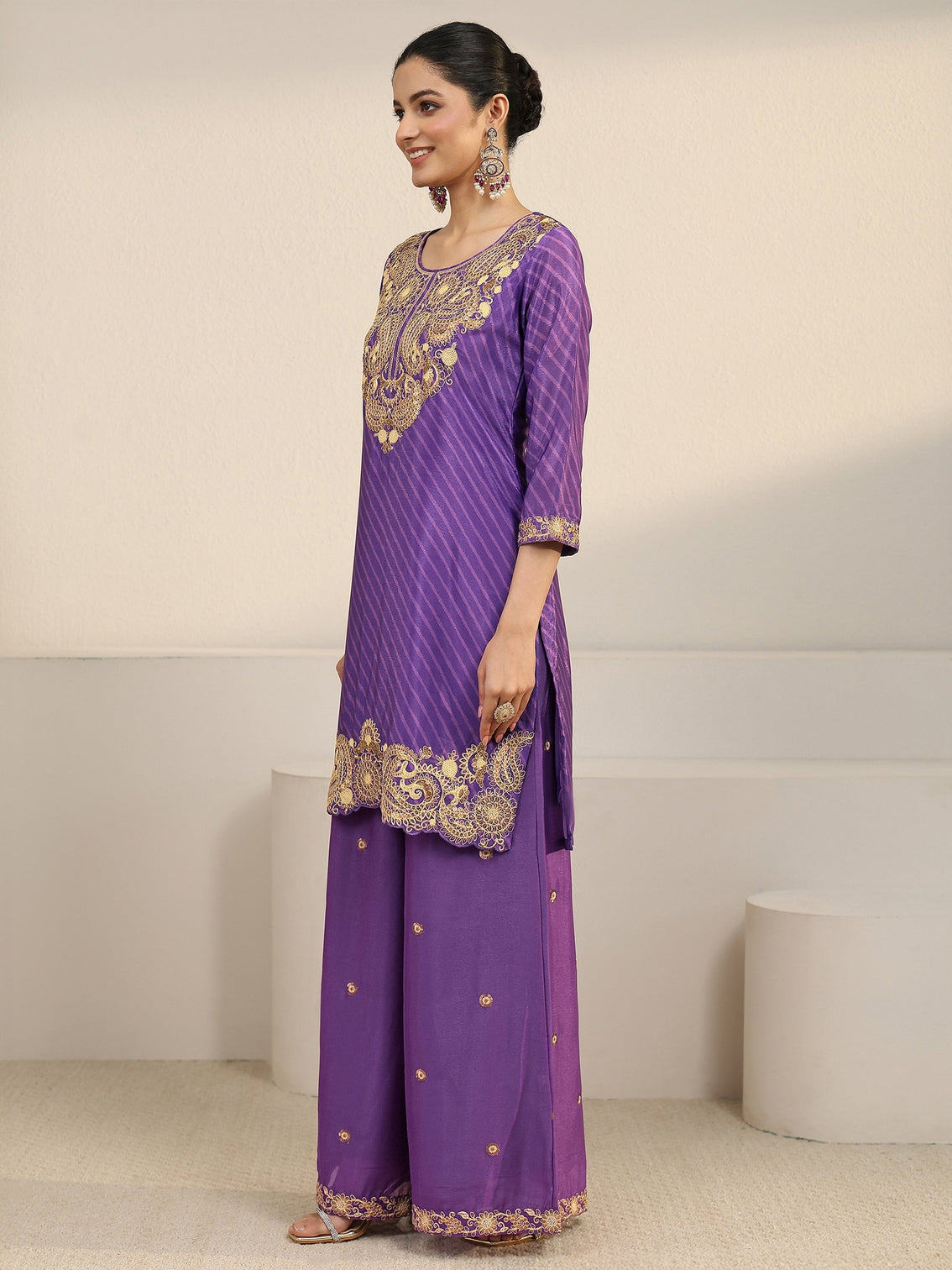 Mameraa Royal Purple Leheriya Yoke Embroidered Chinon Palazzo Suit Set