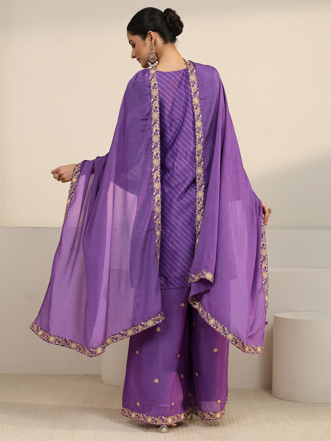 Mameraa Royal Purple Leheriya Yoke Embroidered Chinon Palazzo Suit Set