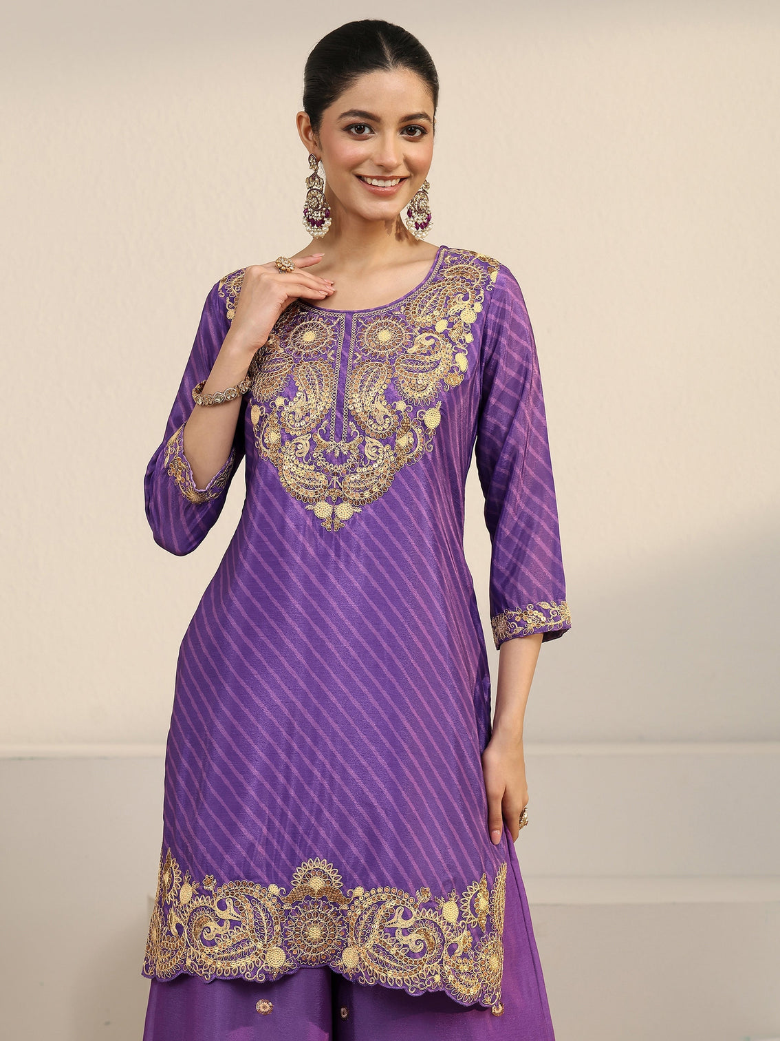 Mameraa Royal Purple Leheriya Yoke Embroidered Chinon Palazzo Suit Set