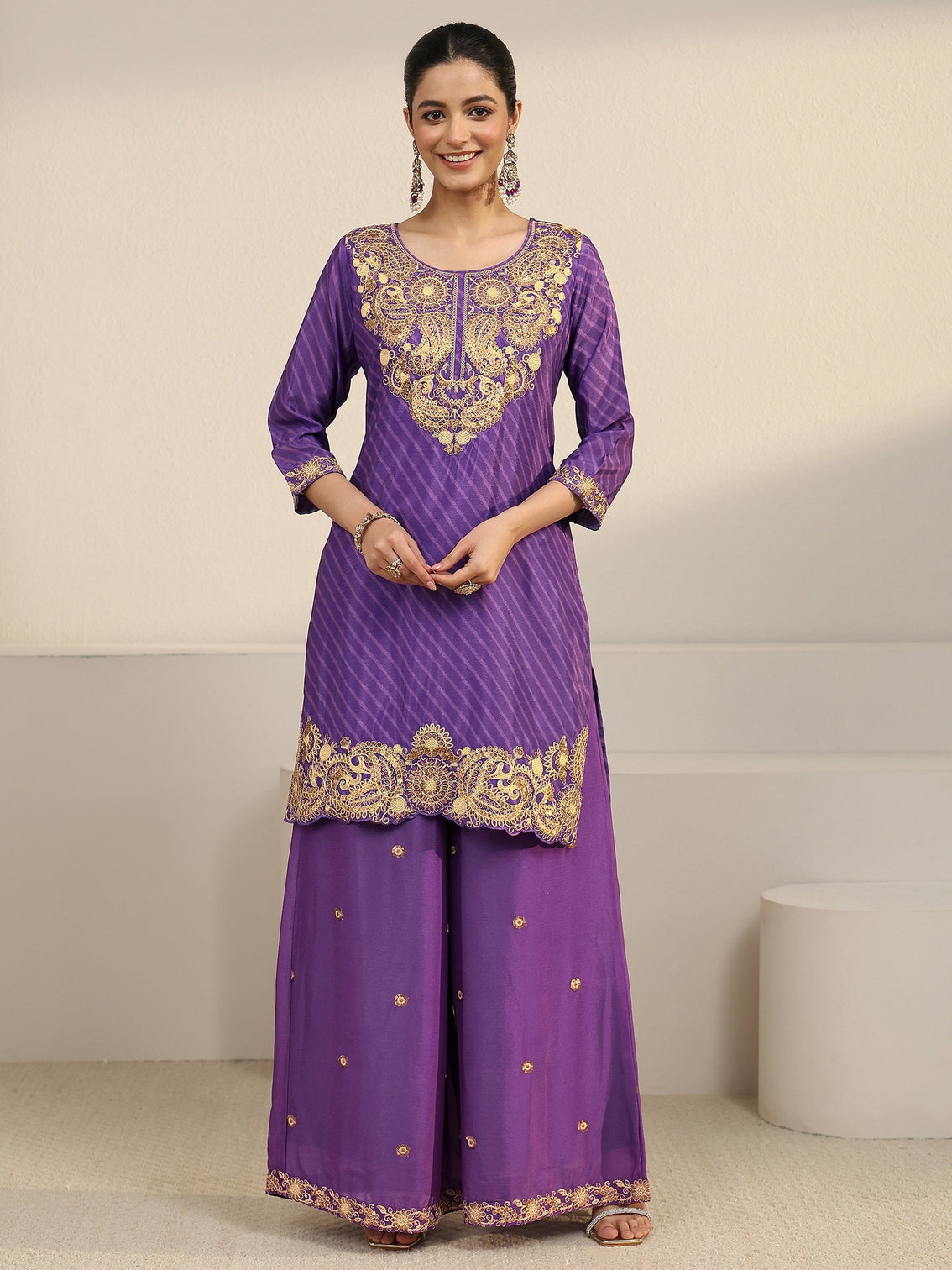 Mameraa Royal Purple Leheriya Yoke Embroidered Chinon Palazzo Suit Set