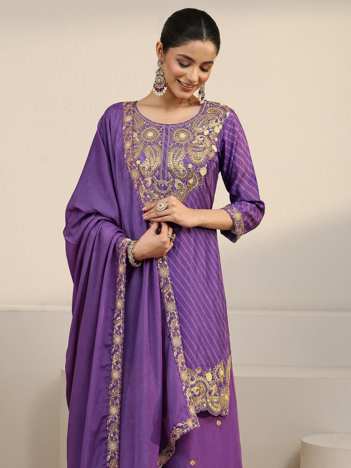 Mameraa Royal Purple Leheriya Yoke Embroidered Chinon Palazzo Suit Set