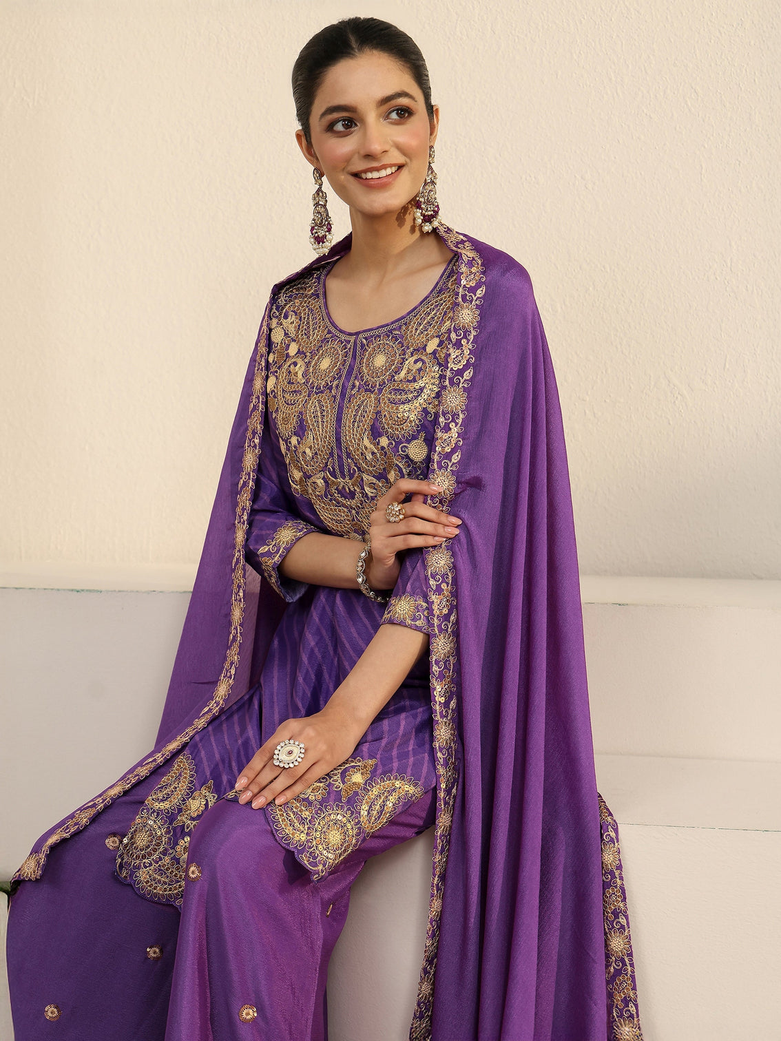 Mameraa Royal Purple Leheriya Yoke Embroidered Chinon Palazzo Suit Set