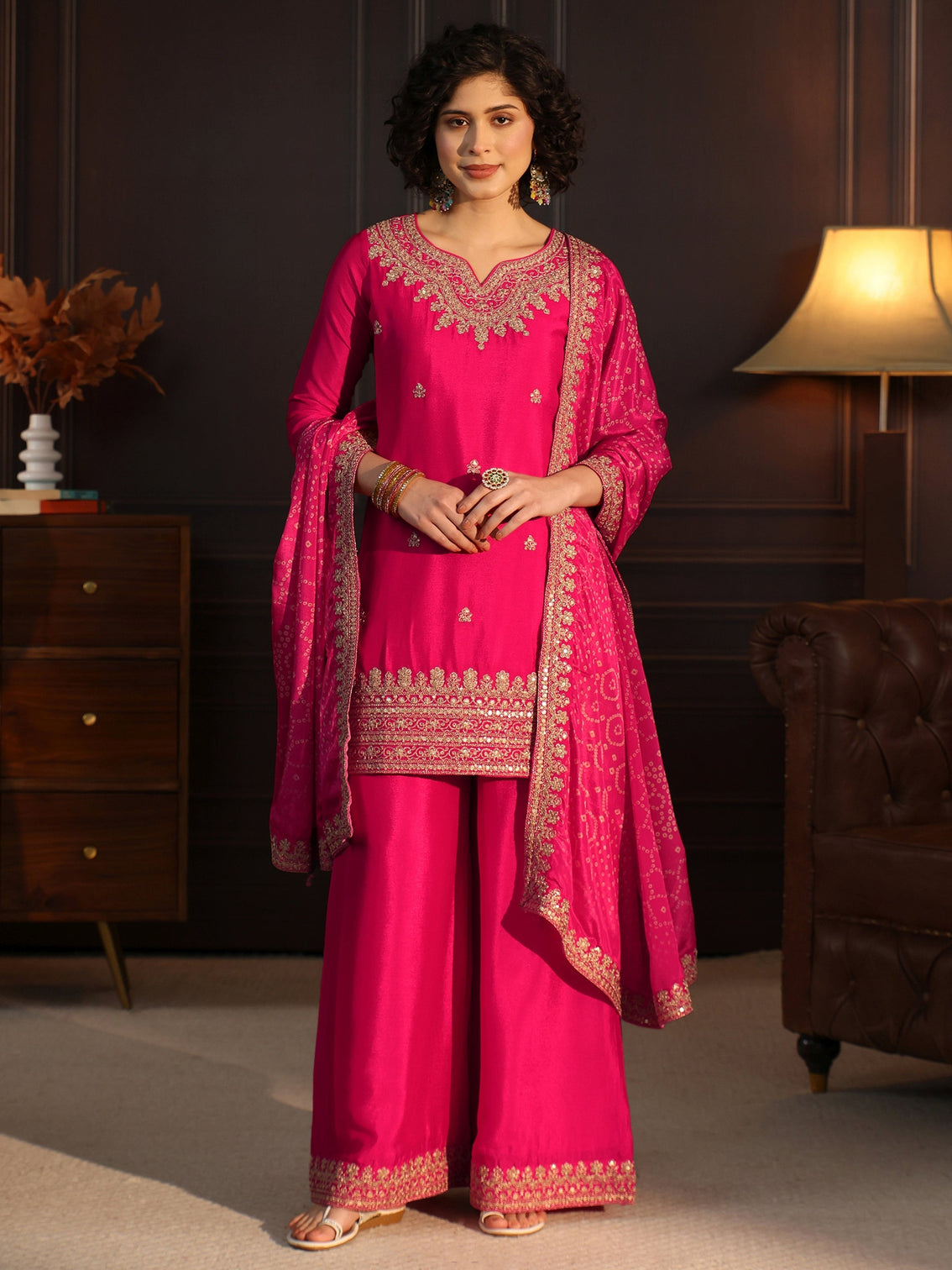 Mameraa Rani Pink Embellished Chinon Palazzo Suit Set