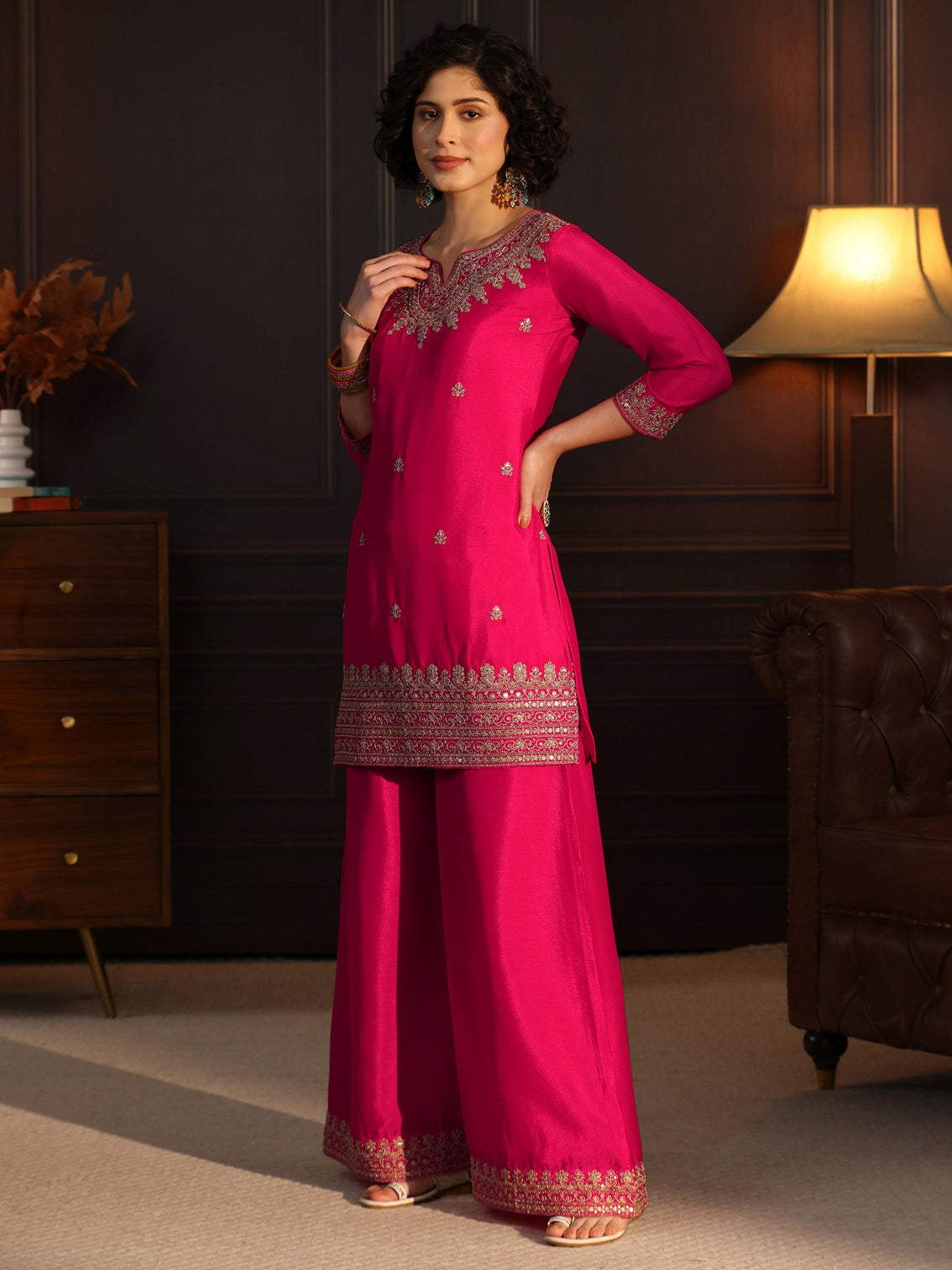 Mameraa Rani Pink Embellished Chinon Palazzo Suit Set
