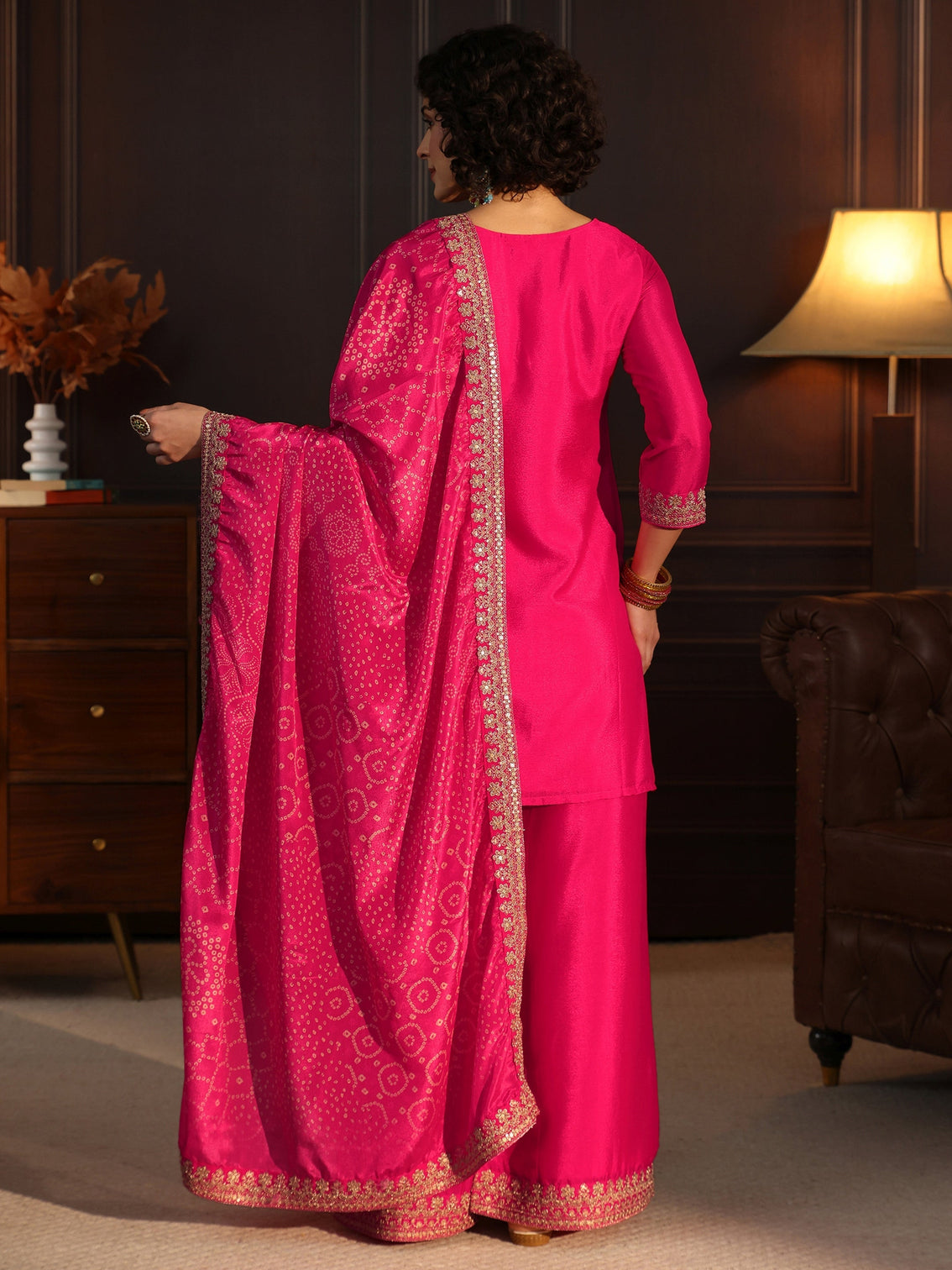 Mameraa Rani Pink Embellished Chinon Palazzo Suit Set