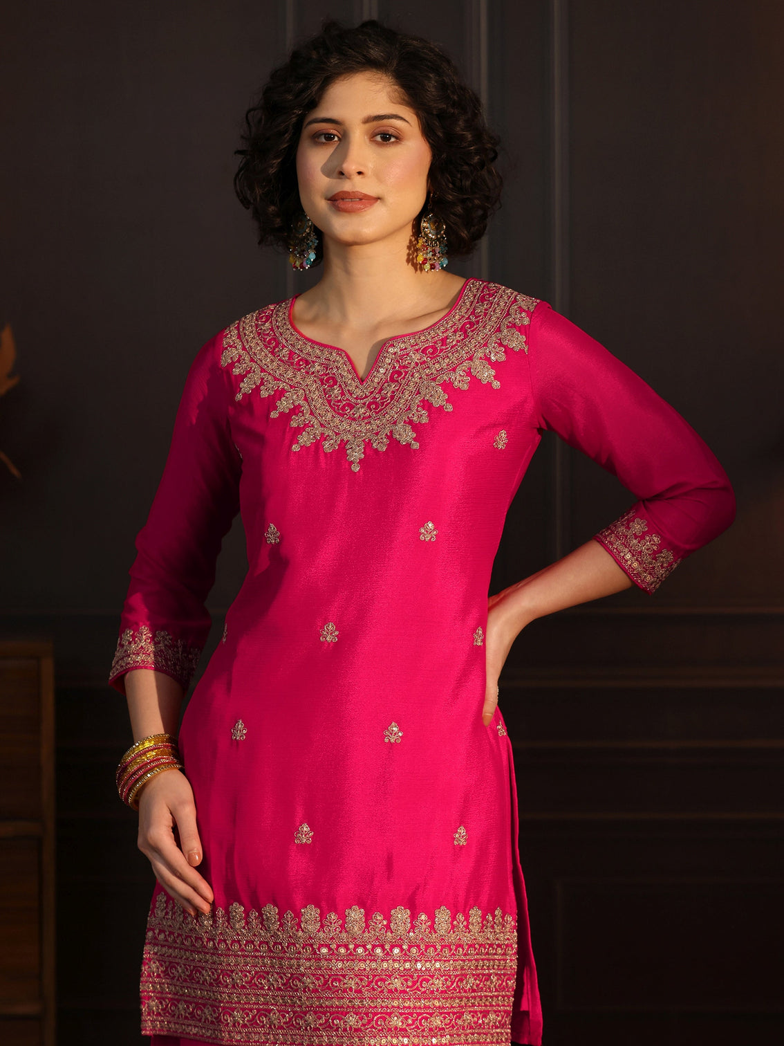 Mameraa Rani Pink Embellished Chinon Palazzo Suit Set