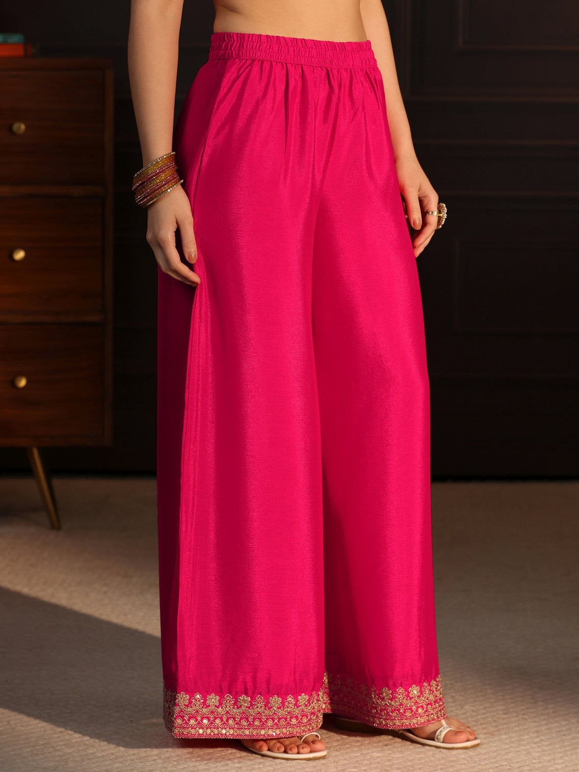 Mameraa Rani Pink Embellished Chinon Palazzo Suit Set