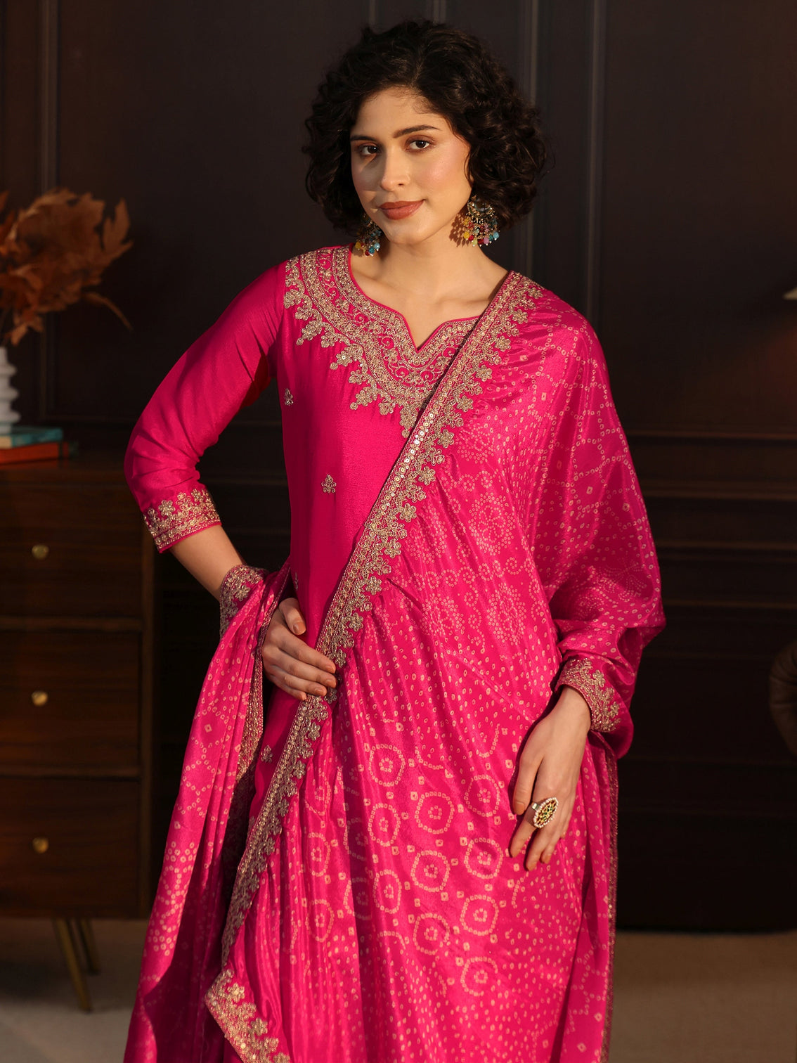 Mameraa Rani Pink Embellished Chinon Palazzo Suit Set