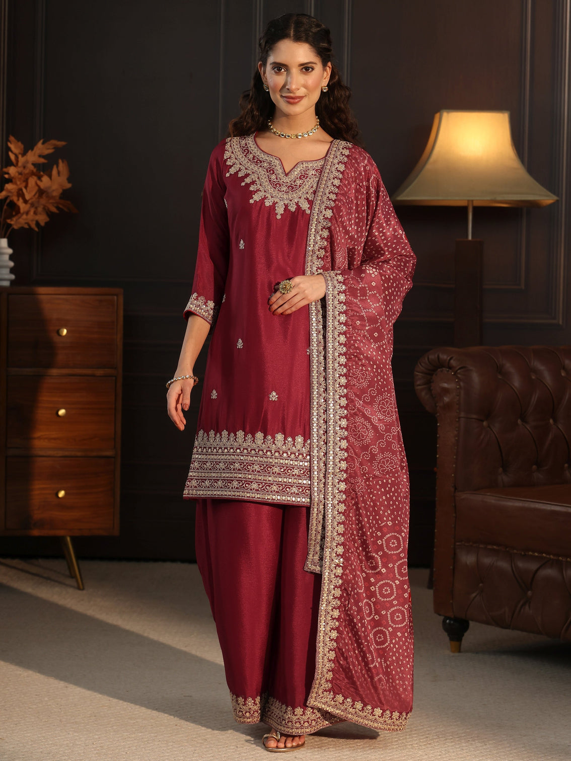 Mameraa Ruby Red Sequin Embellished Chinon Palazzo Suit Set