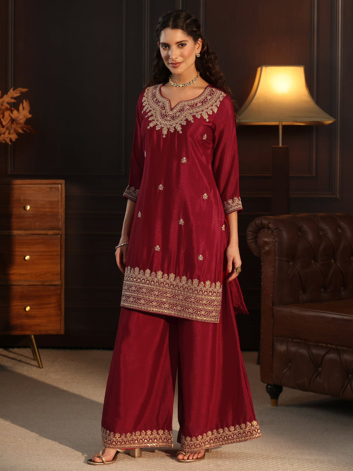 Mameraa Ruby Red Sequin Embellished Chinon Palazzo Suit Set