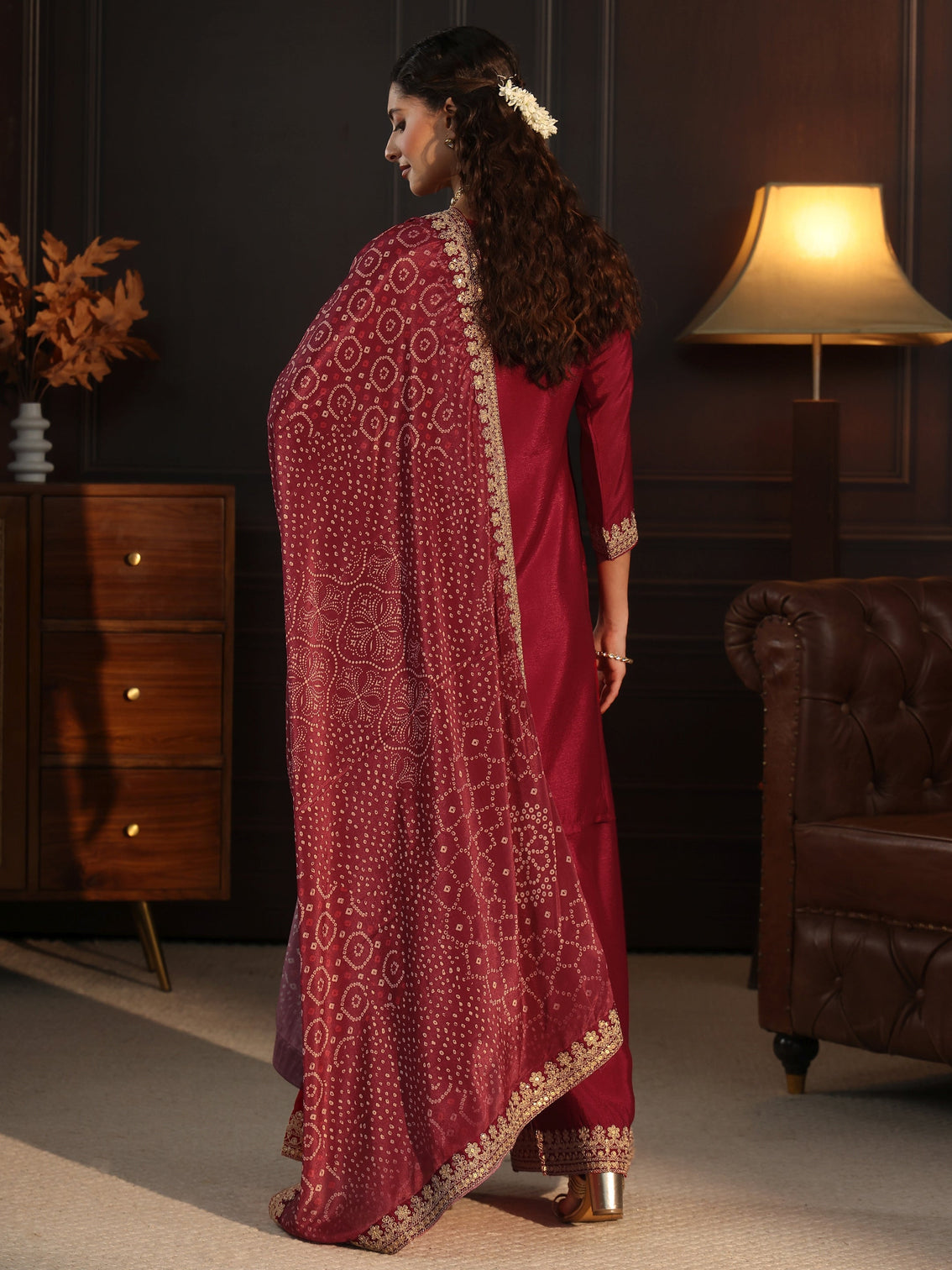 Mameraa Ruby Red Sequin Embellished Chinon Palazzo Suit Set