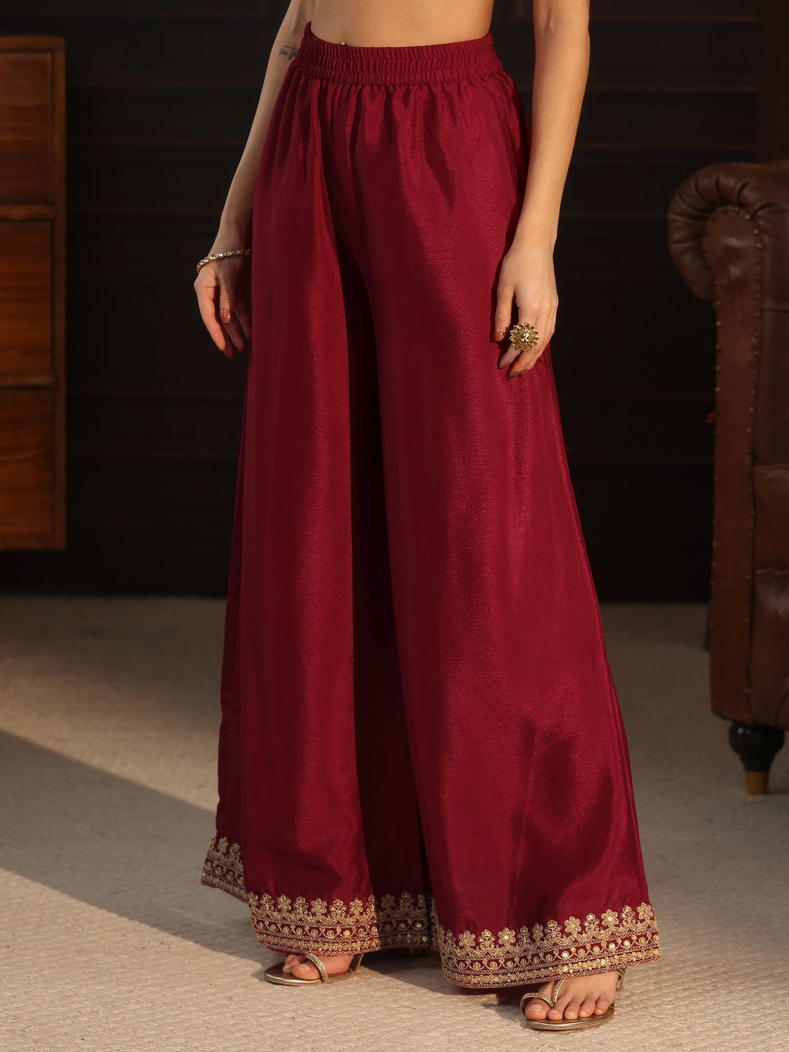 Mameraa Ruby Red Sequin Embellished Chinon Palazzo Suit Set