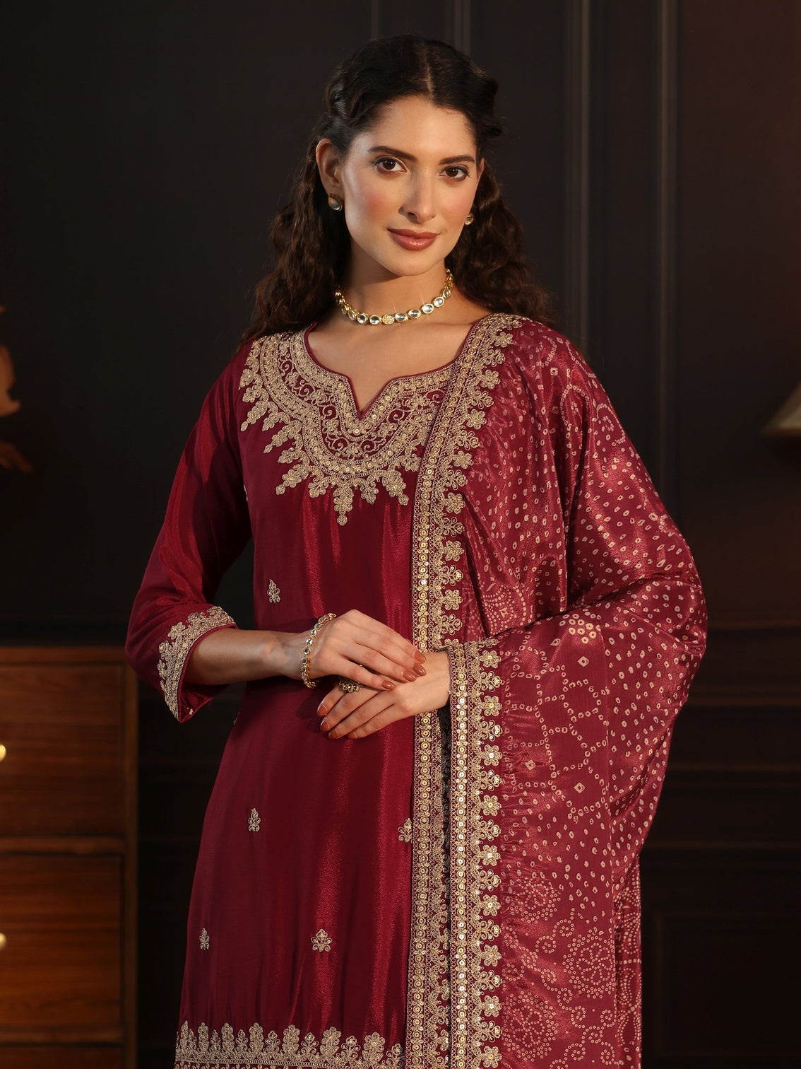 Mameraa Ruby Red Sequin Embellished Chinon Palazzo Suit Set