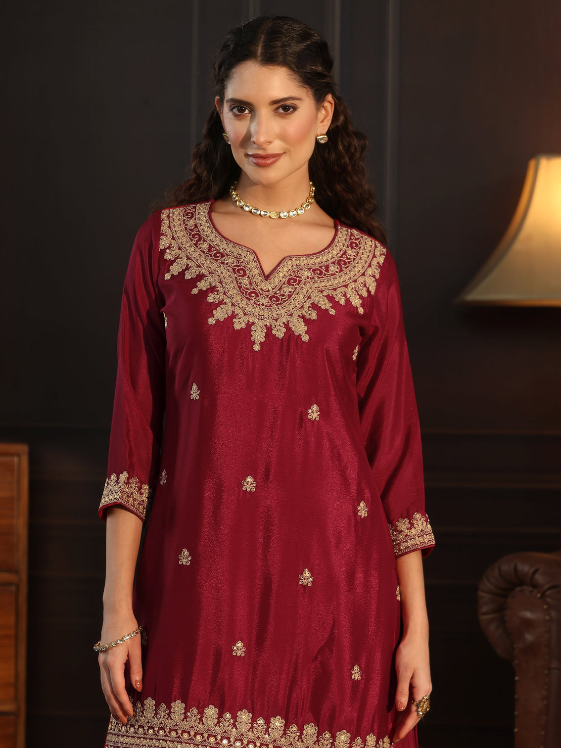 Mameraa Ruby Red Sequin Embellished Chinon Palazzo Suit Set