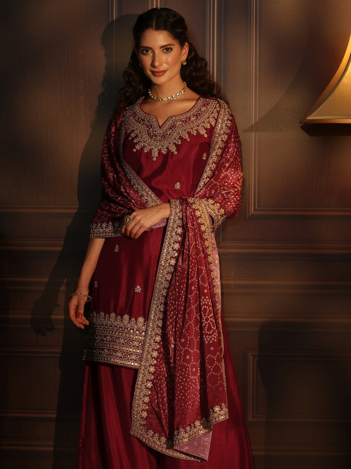 Mameraa Ruby Red Sequin Embellished Chinon Palazzo Suit Set