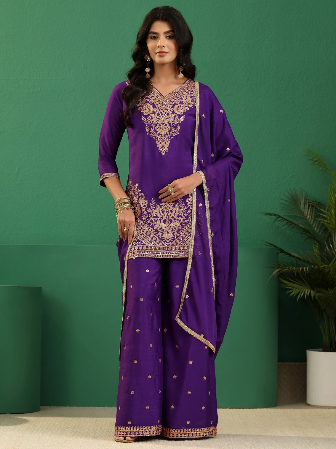 Mameraa Violet Yoke Design Chinon Palazzo Suit Set