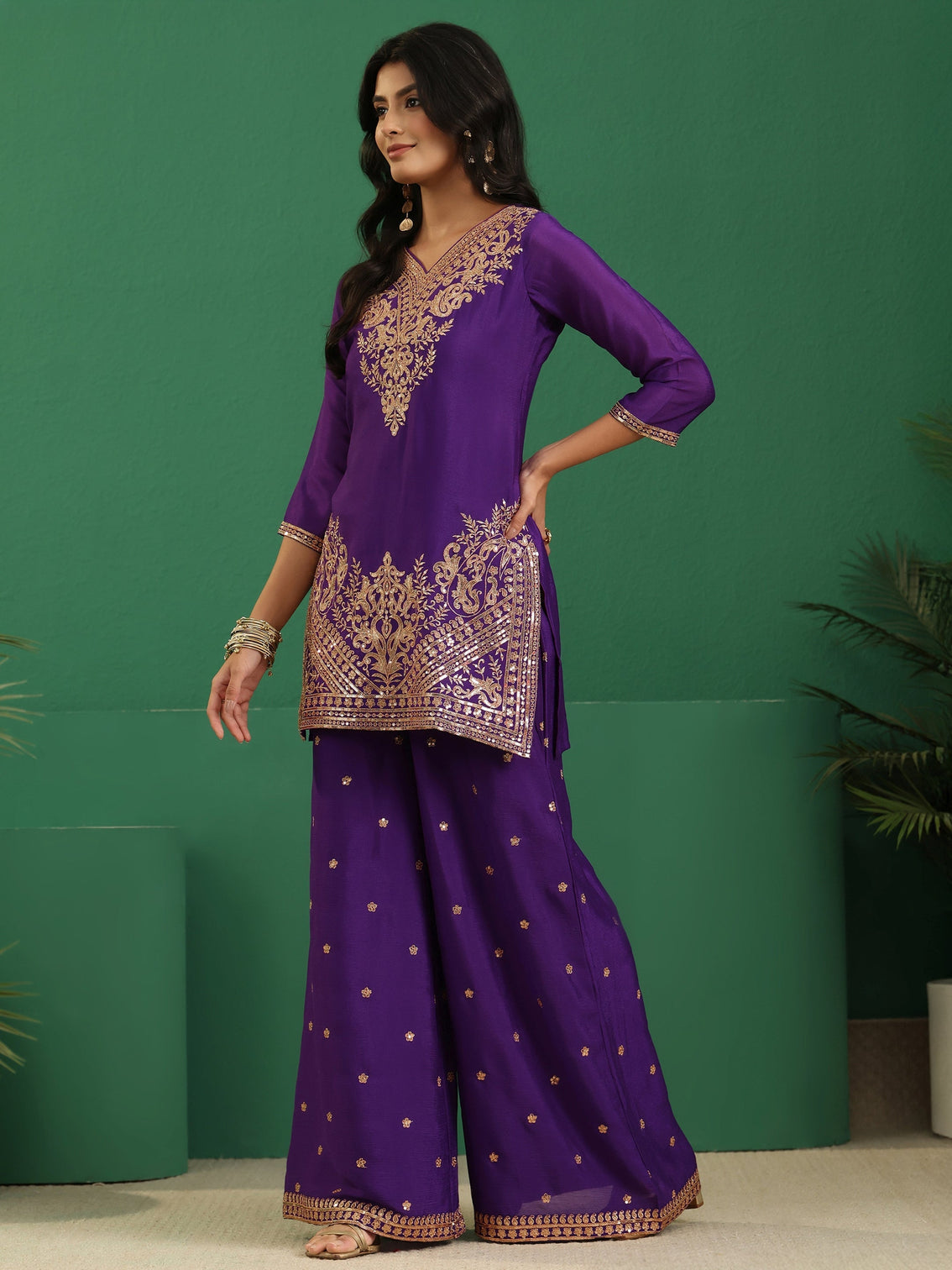 Mameraa Violet Yoke Design Chinon Palazzo Suit Set
