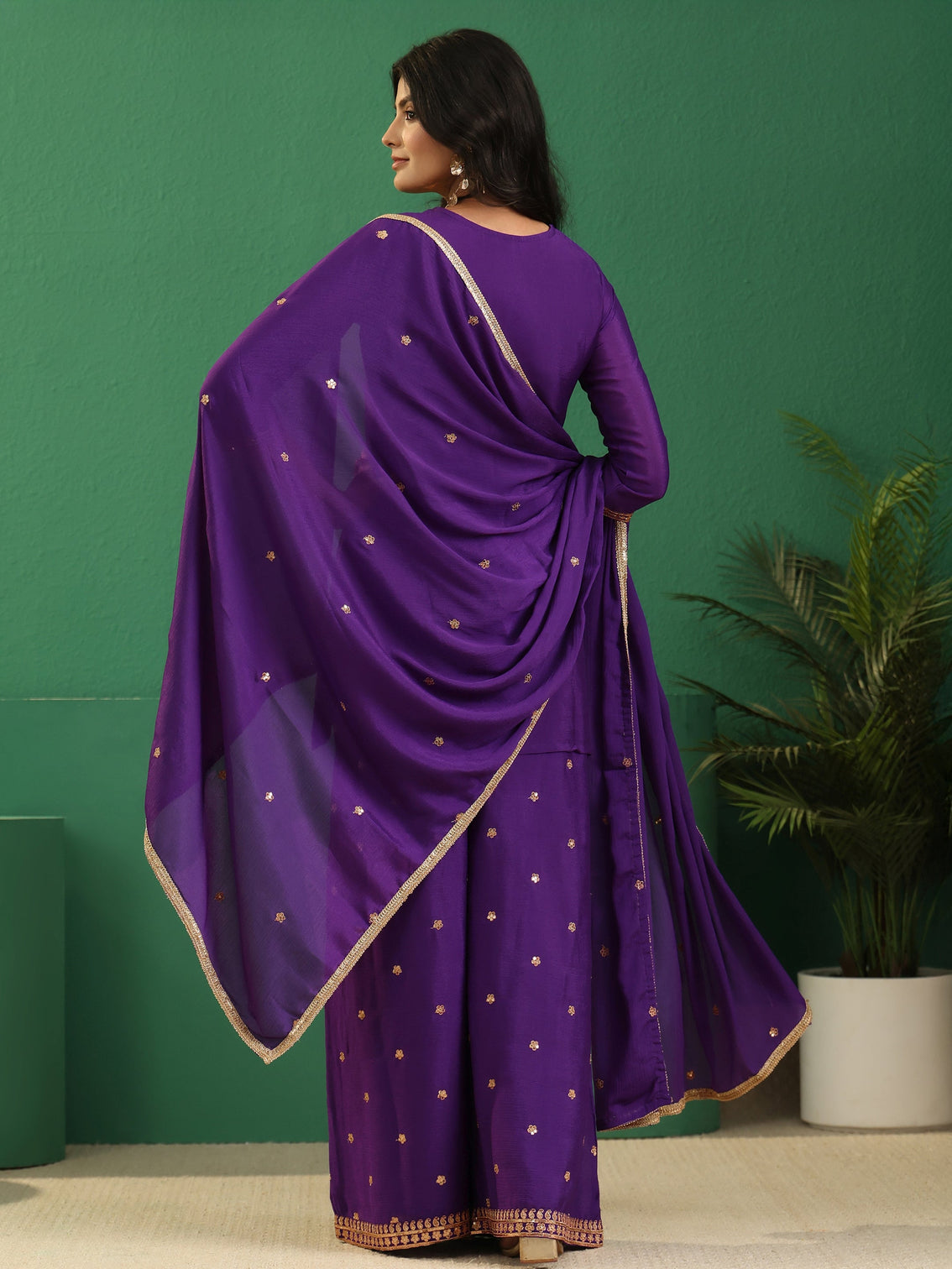 Mameraa Violet Yoke Design Chinon Palazzo Suit Set