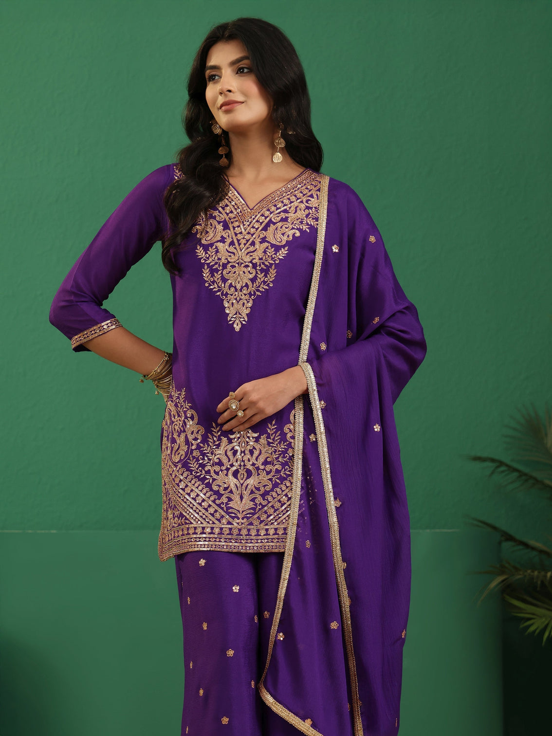 Mameraa Violet Yoke Design Chinon Palazzo Suit Set