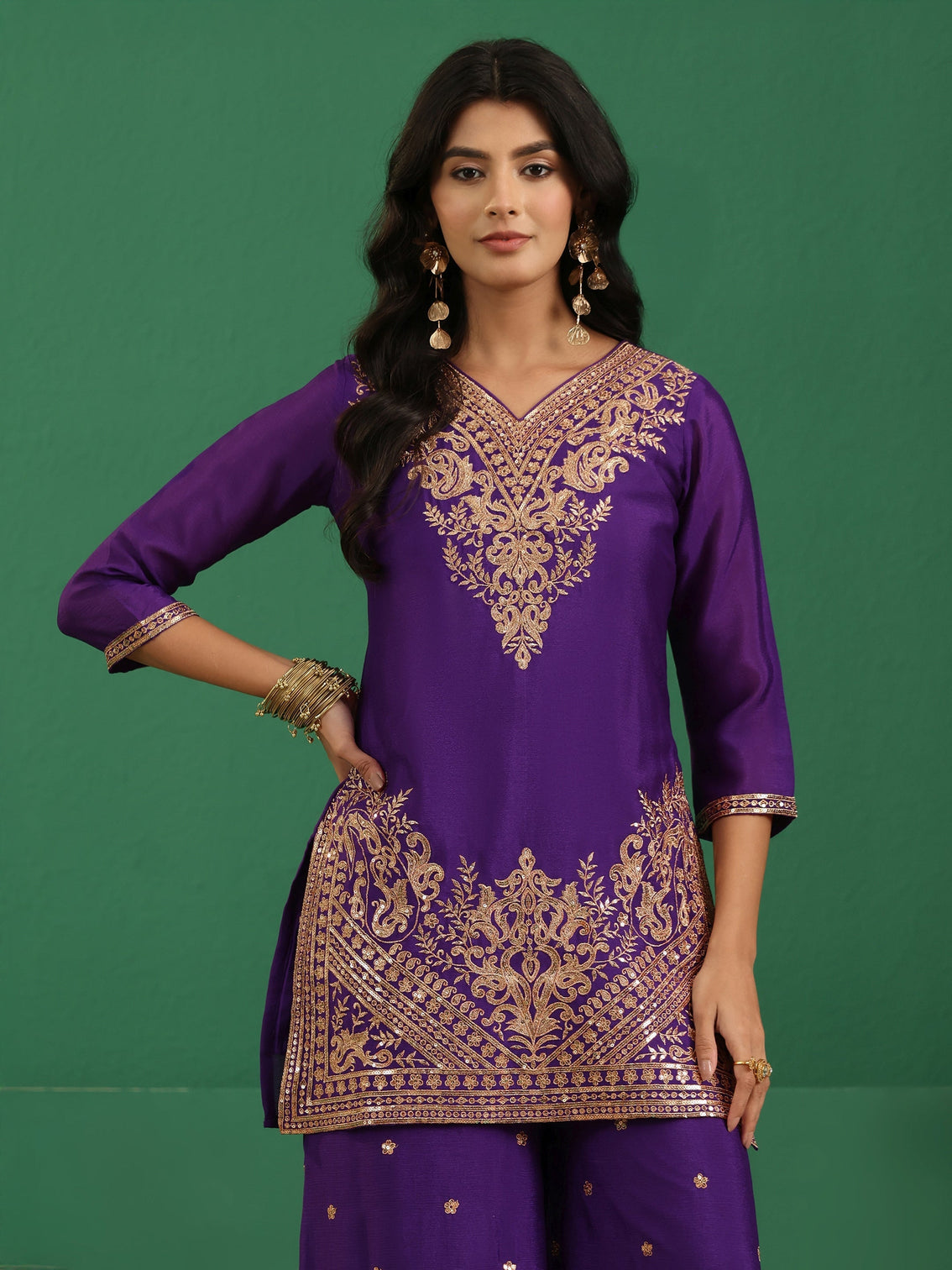 Mameraa Violet Yoke Design Chinon Palazzo Suit Set