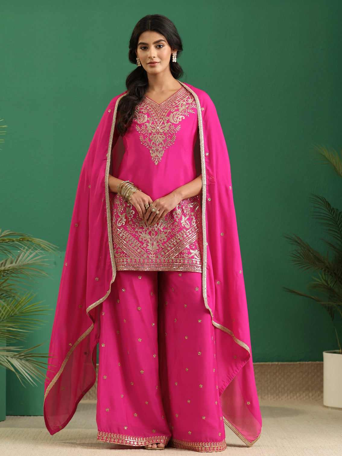 Mameraa Hot Pink Yoke Design Chinon Palazzo Suit Set