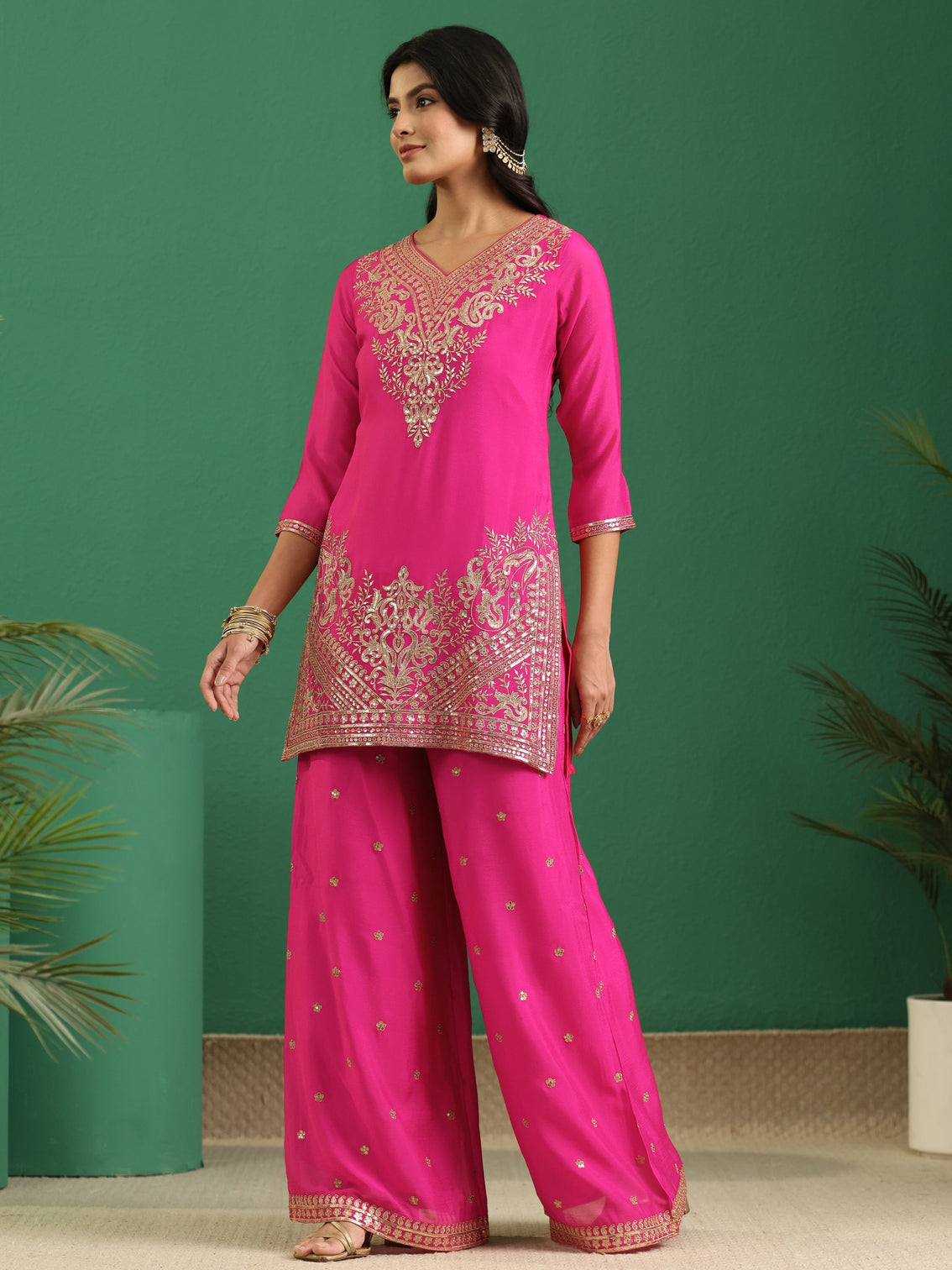 Mameraa Hot Pink Yoke Design Chinon Palazzo Suit Set