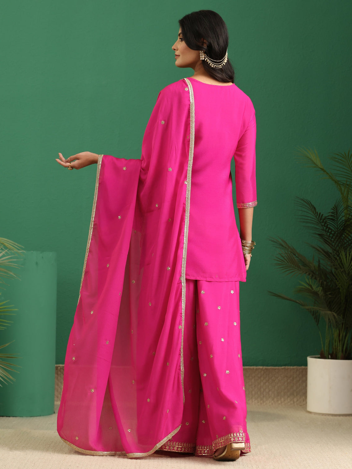 Mameraa Hot Pink Yoke Design Chinon Palazzo Suit Set