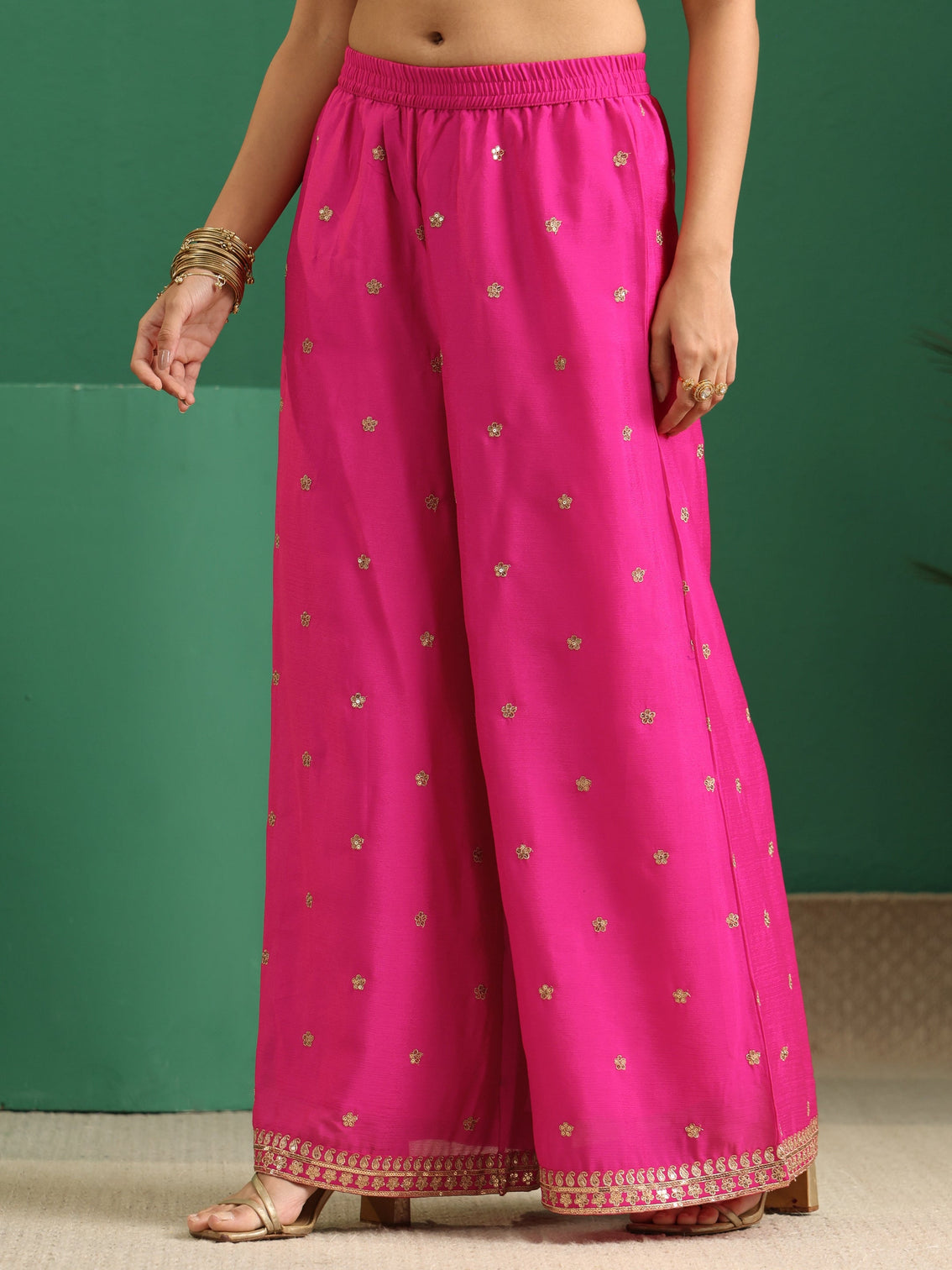 Mameraa Hot Pink Yoke Design Chinon Palazzo Suit Set