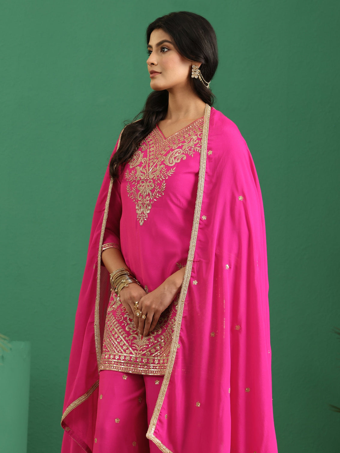 Mameraa Hot Pink Yoke Design Chinon Palazzo Suit Set