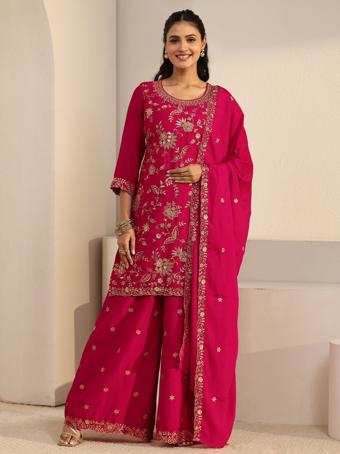 Mameraa Rani Pink Floral Embroidered Chinon Palazzo Suit Set
