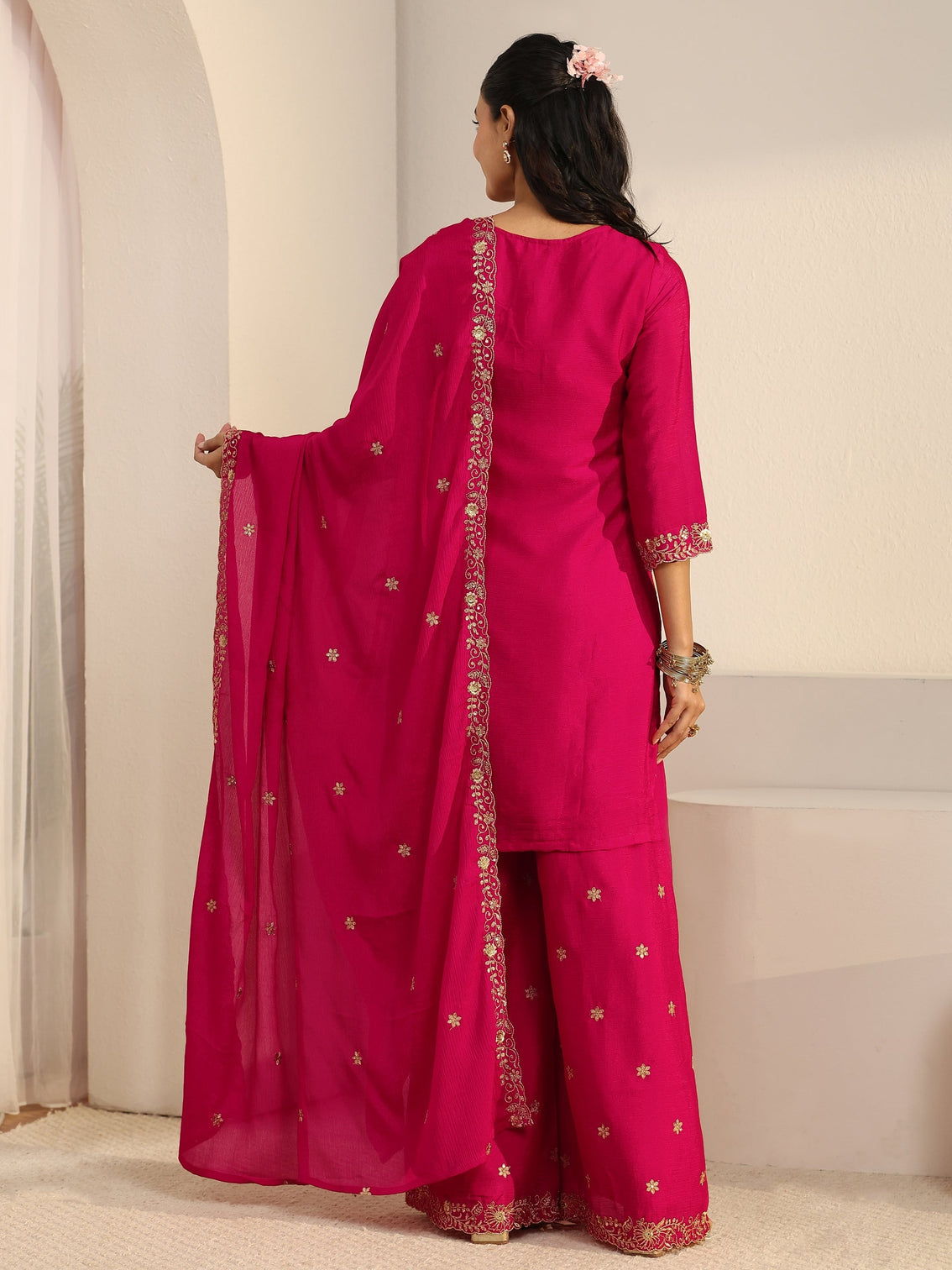 Mameraa Rani Pink Floral Embroidered Chinon Palazzo Suit Set