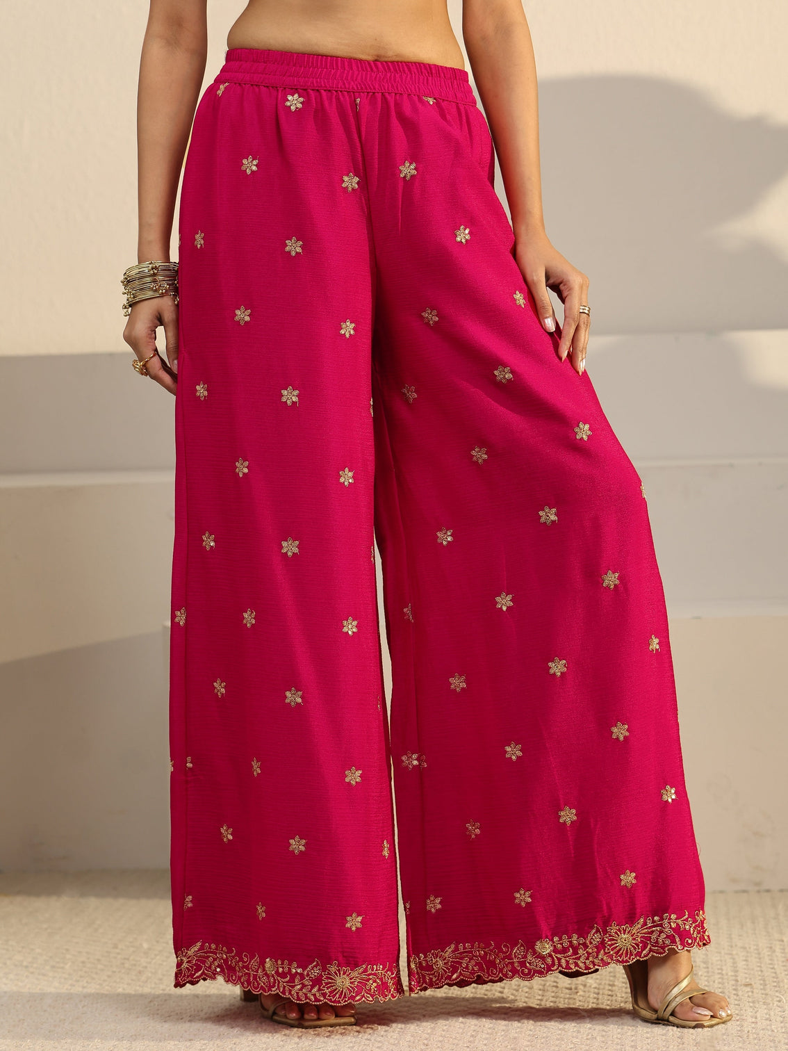 Mameraa Rani Pink Floral Embroidered Chinon Palazzo Suit Set