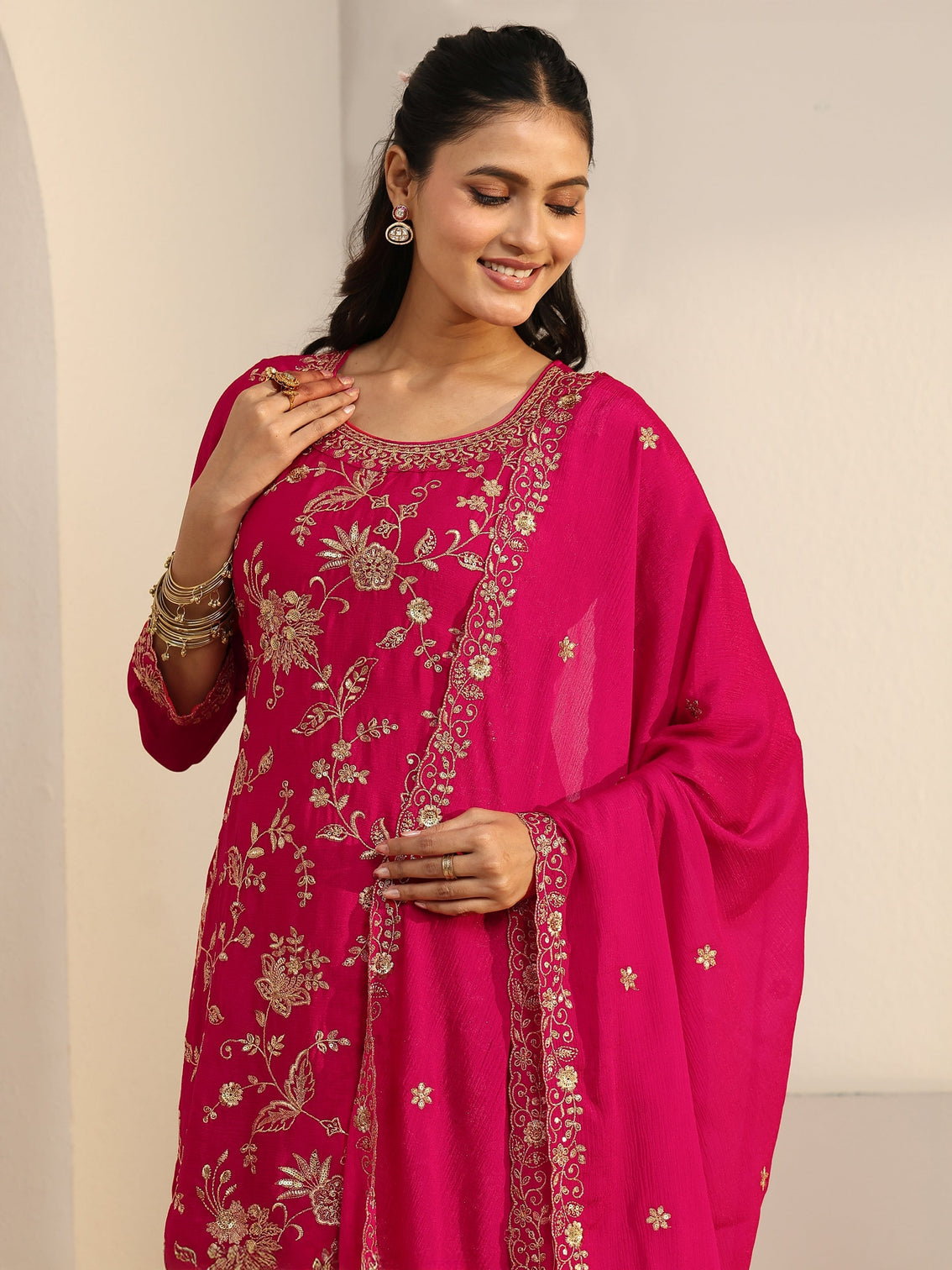 Mameraa Rani Pink Floral Embroidered Chinon Palazzo Suit Set