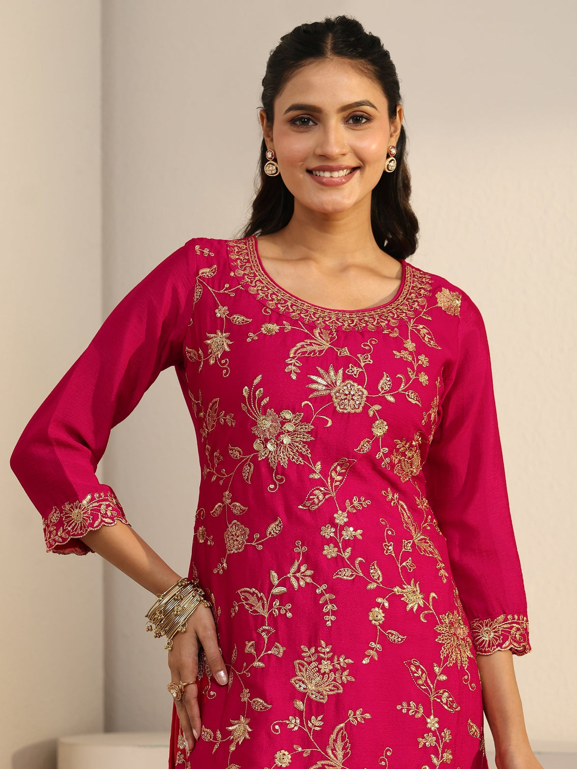 Mameraa Rani Pink Floral Embroidered Chinon Palazzo Suit Set