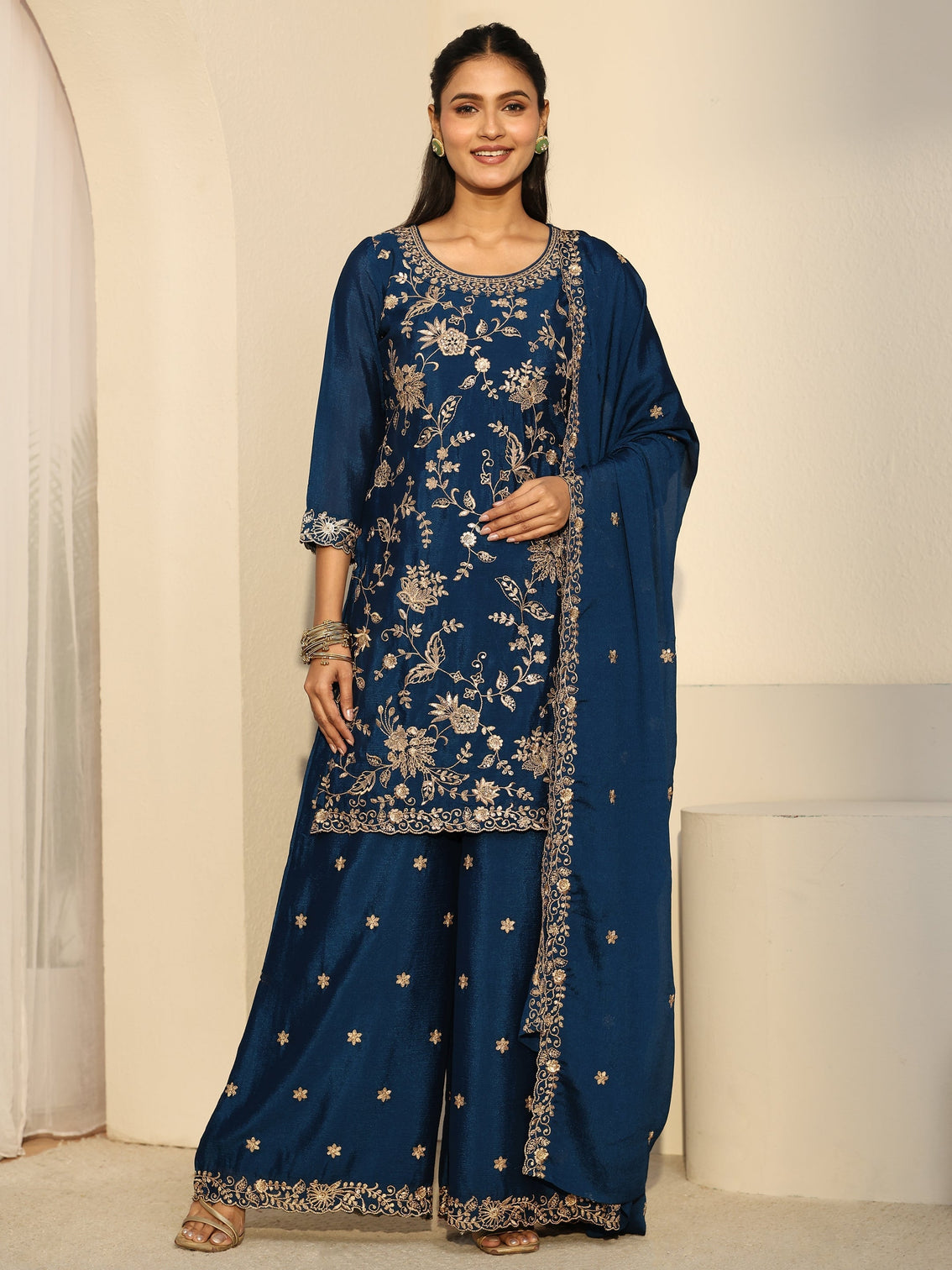 Mameraa Navy Blue Floral Embroidered Chinon Palazzo Suit Set