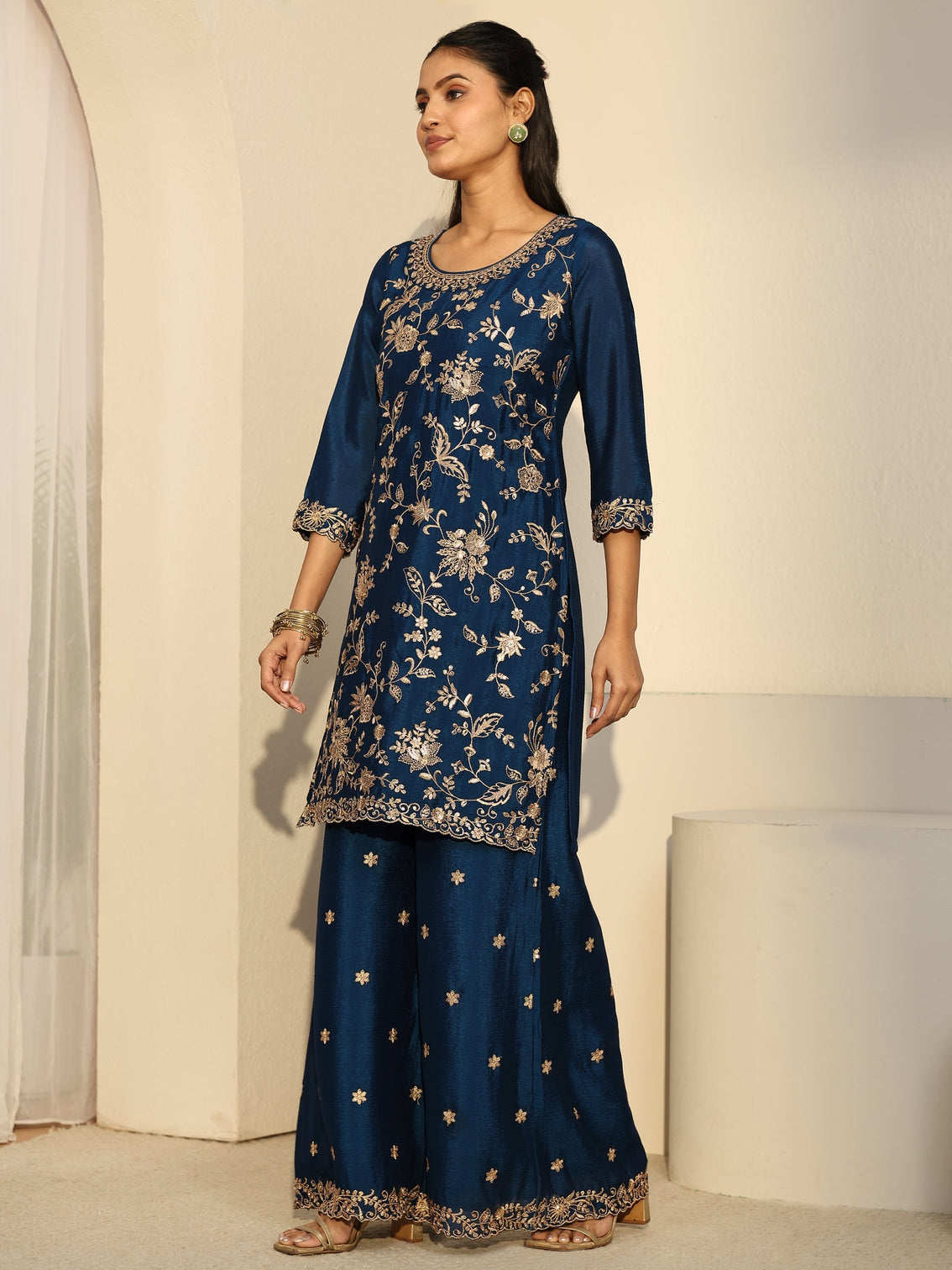 Mameraa Navy Blue Floral Embroidered Chinon Palazzo Suit Set
