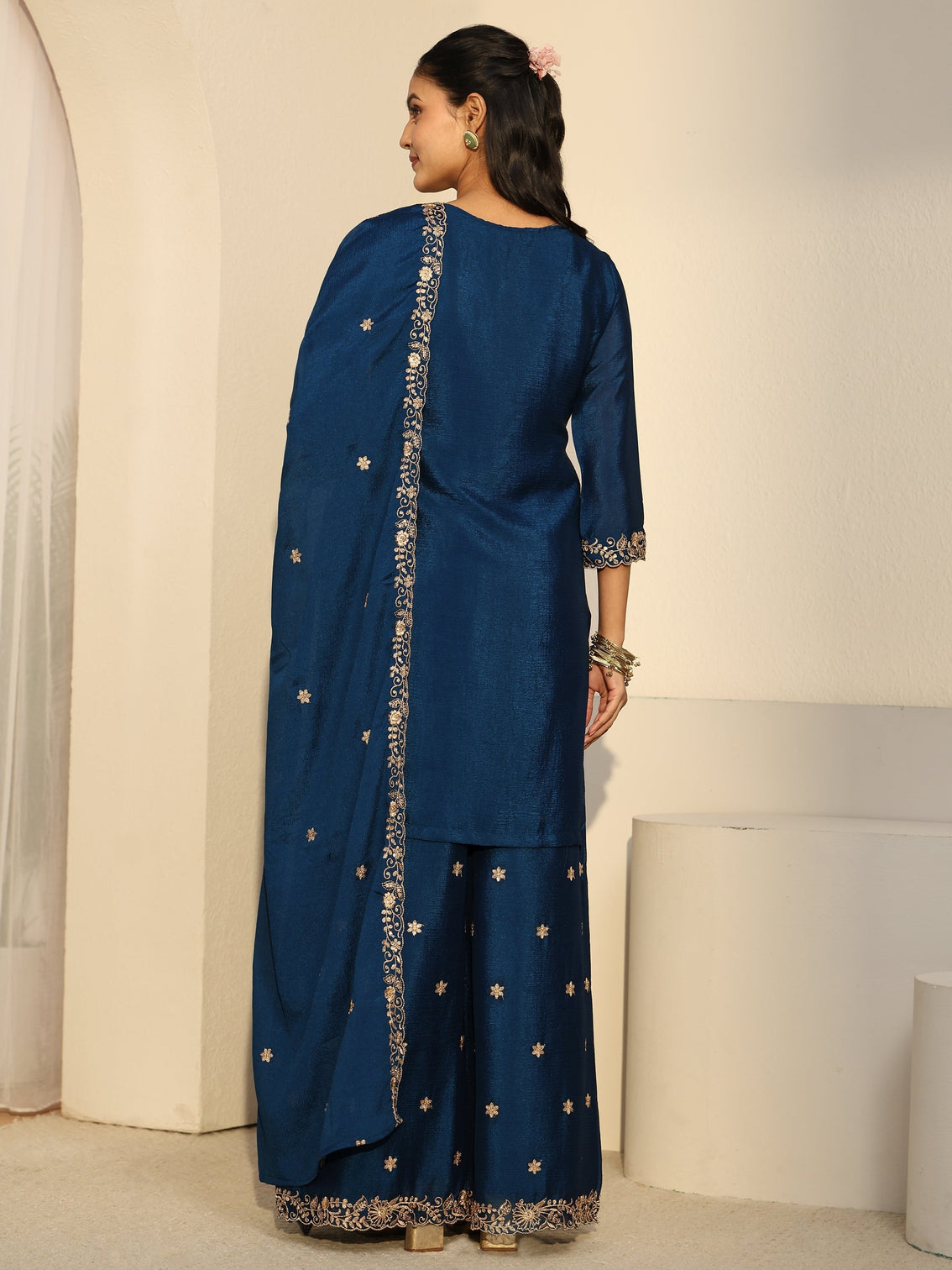 Mameraa Navy Blue Floral Embroidered Chinon Palazzo Suit Set