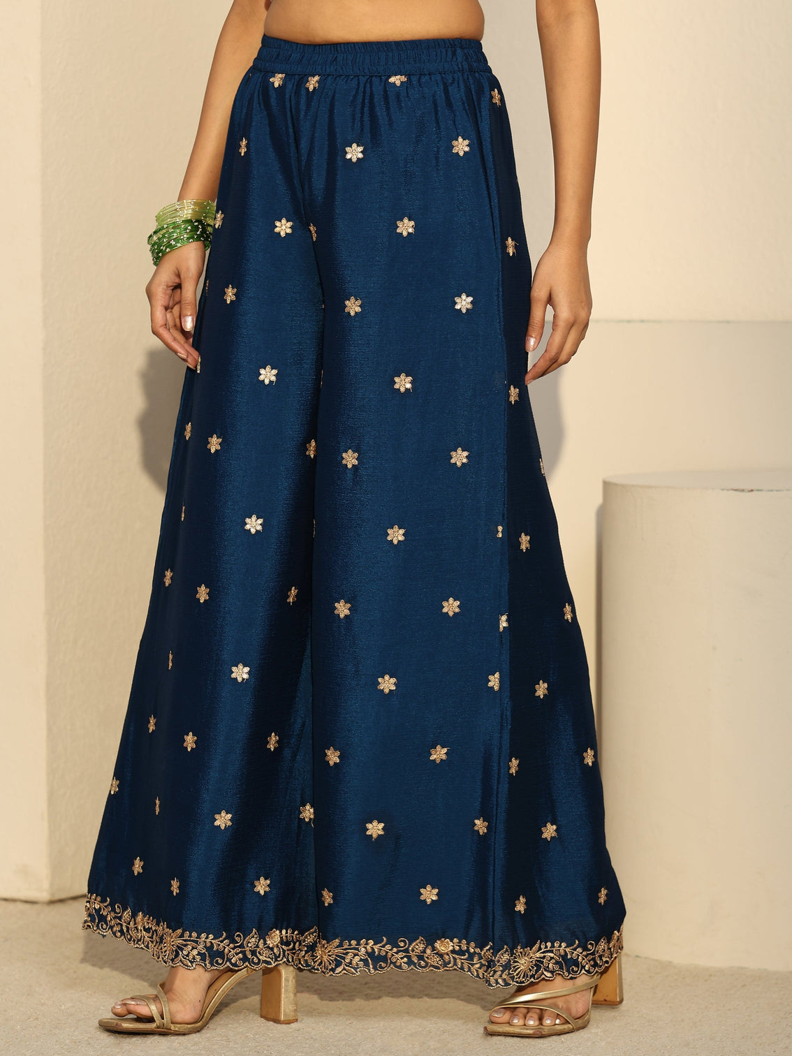 Mameraa Navy Blue Floral Embroidered Chinon Palazzo Suit Set