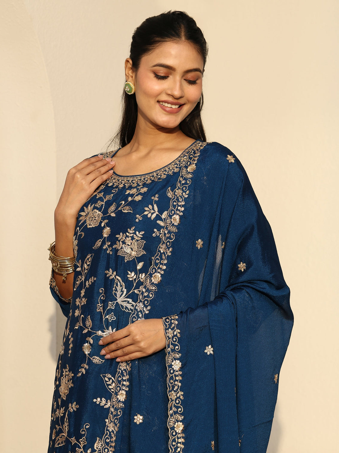 Mameraa Navy Blue Floral Embroidered Chinon Palazzo Suit Set